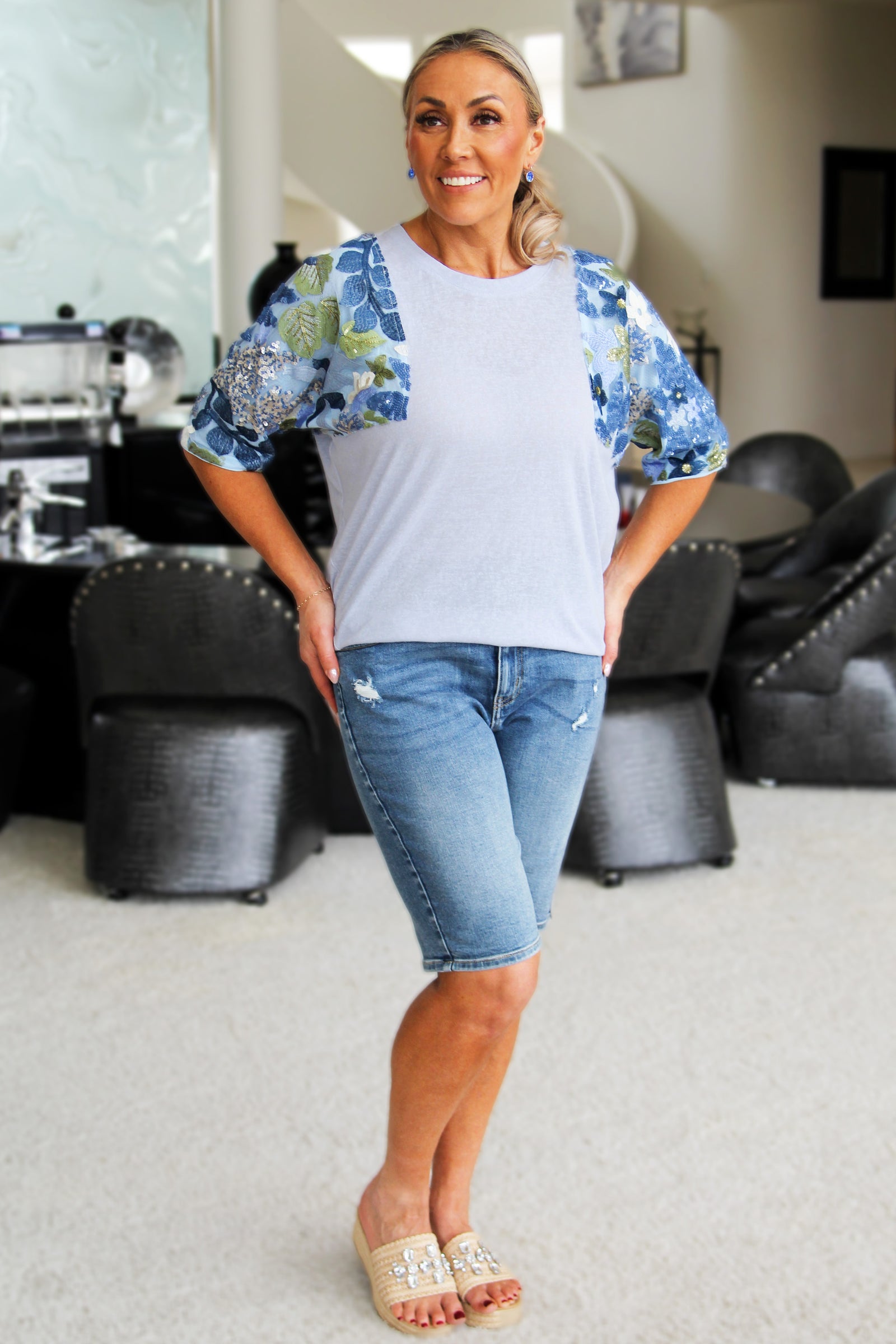 High-Low Top w/ Sequin Floral Mesh Short Sleeves