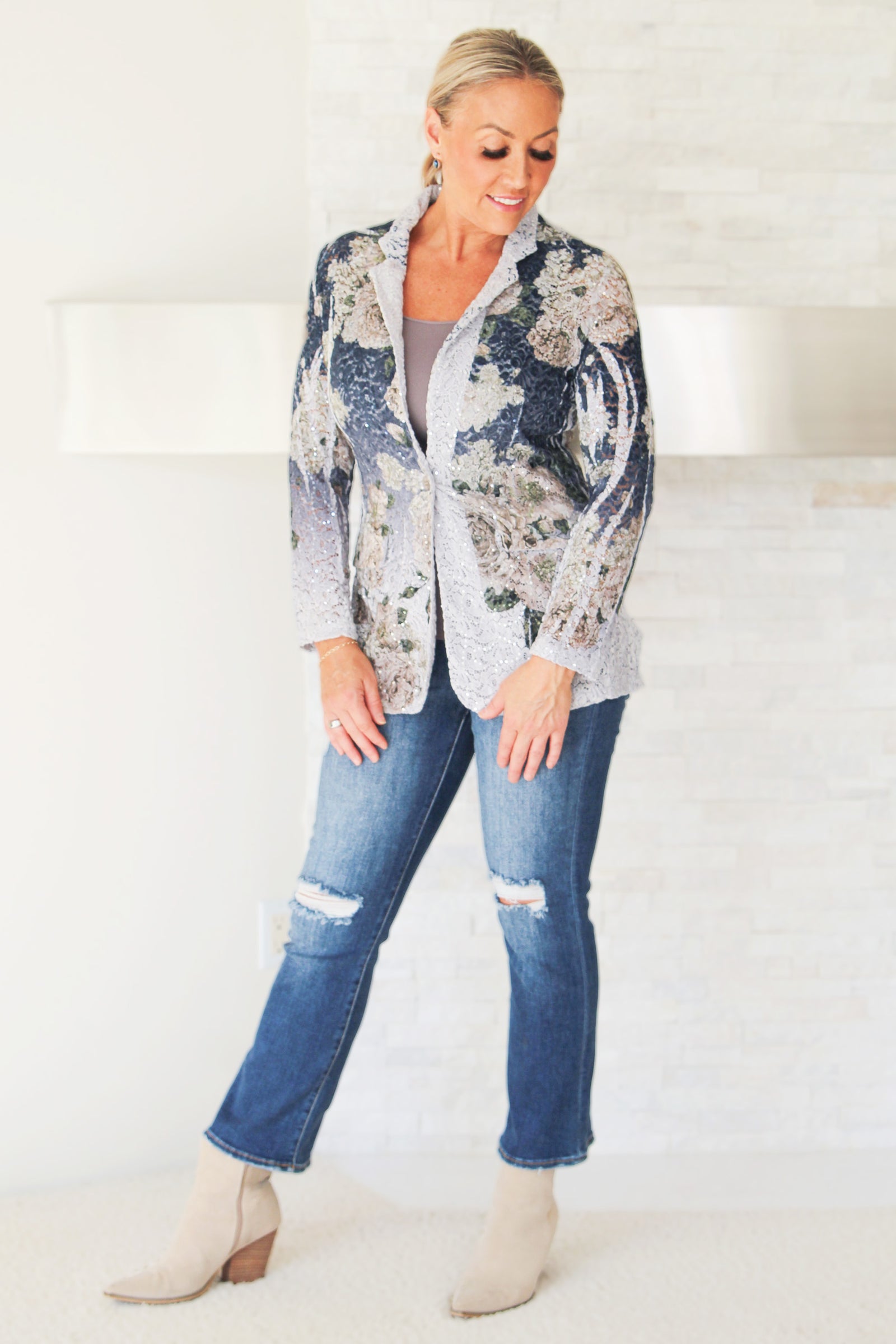 Lace & Sequin Blazer w/ Floral Print