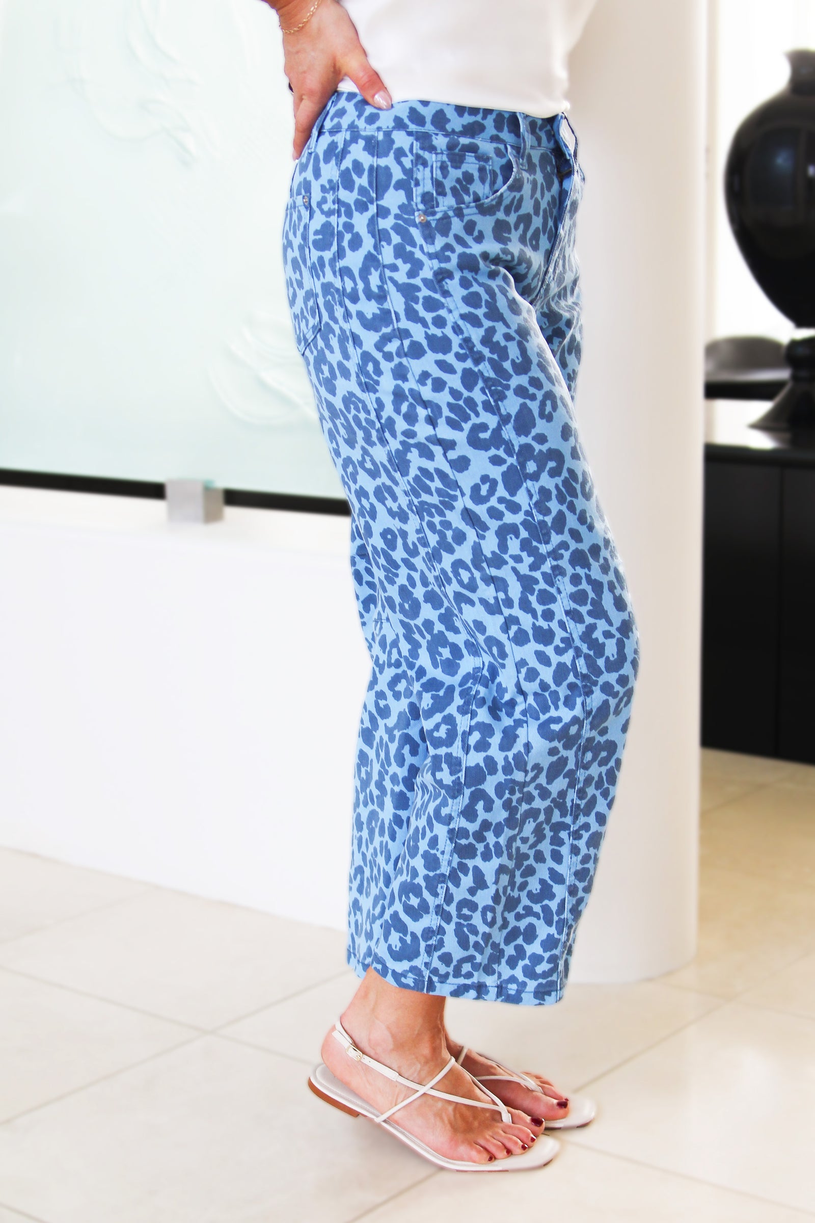 High Waisted Leopard Print Barrel Jeans