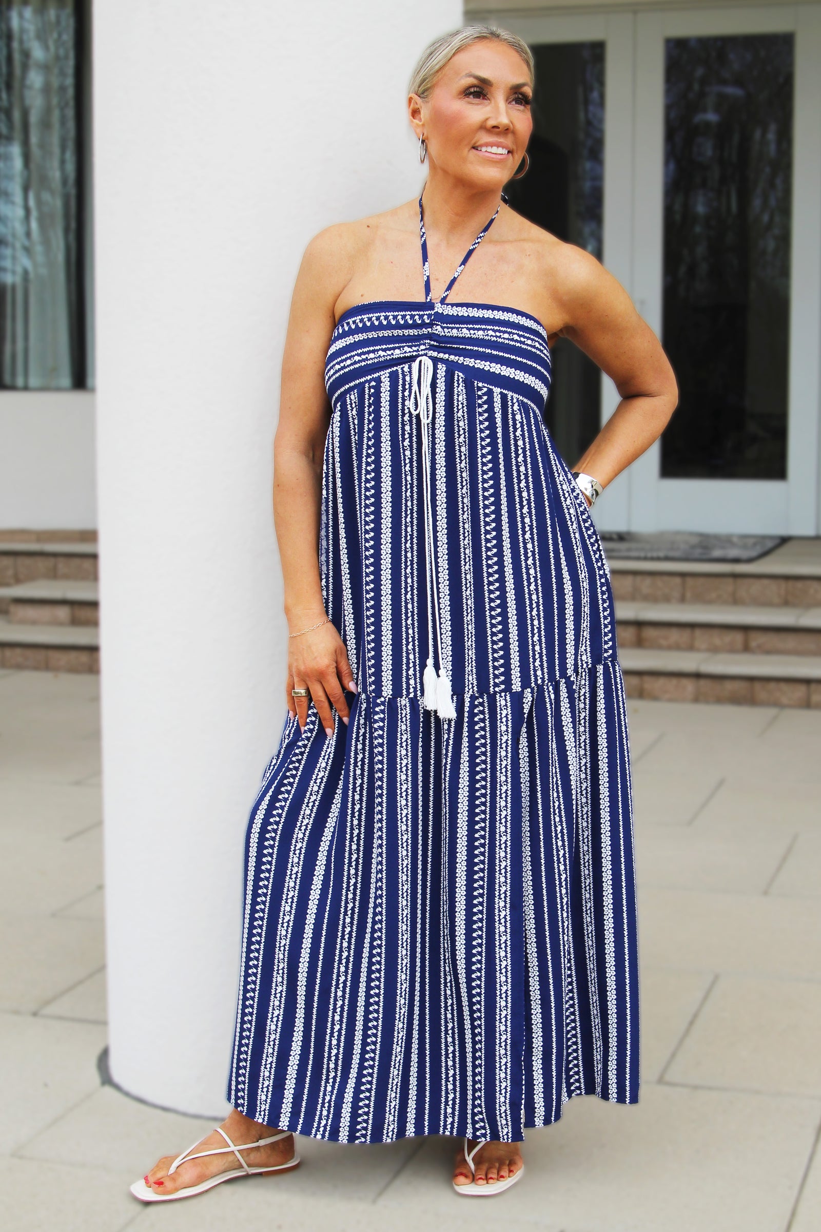 Floral Stripe Bandeau Maxi Dress w/ Neck Ties and Front Slit