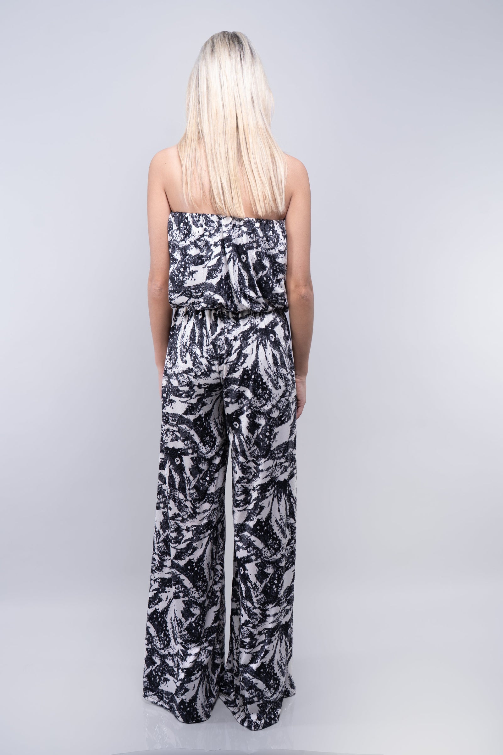 Shimmer Printed Strapless Jumpsuit with Belt