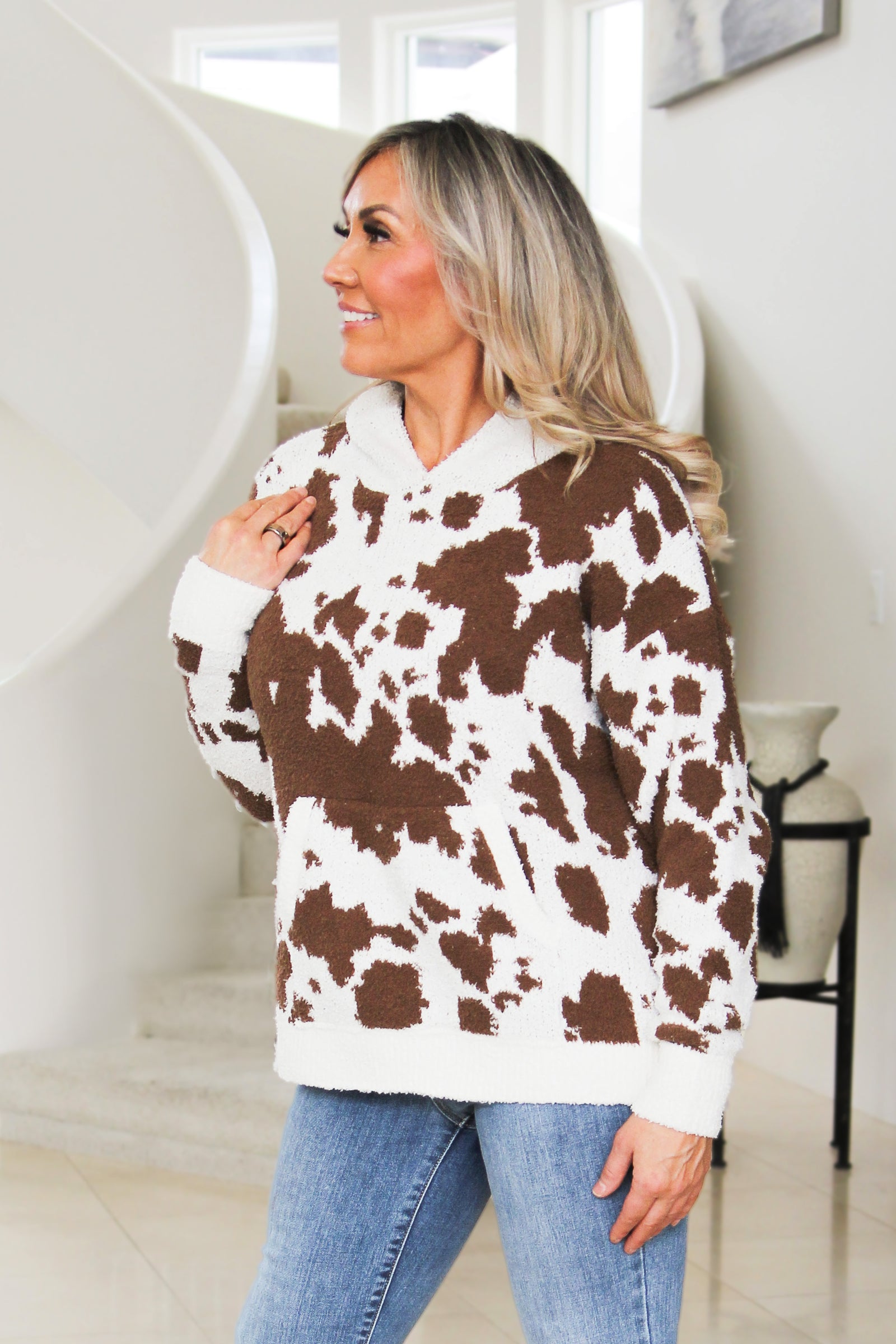 Cow Print Pull Over Hoodie w/ Front Pocket