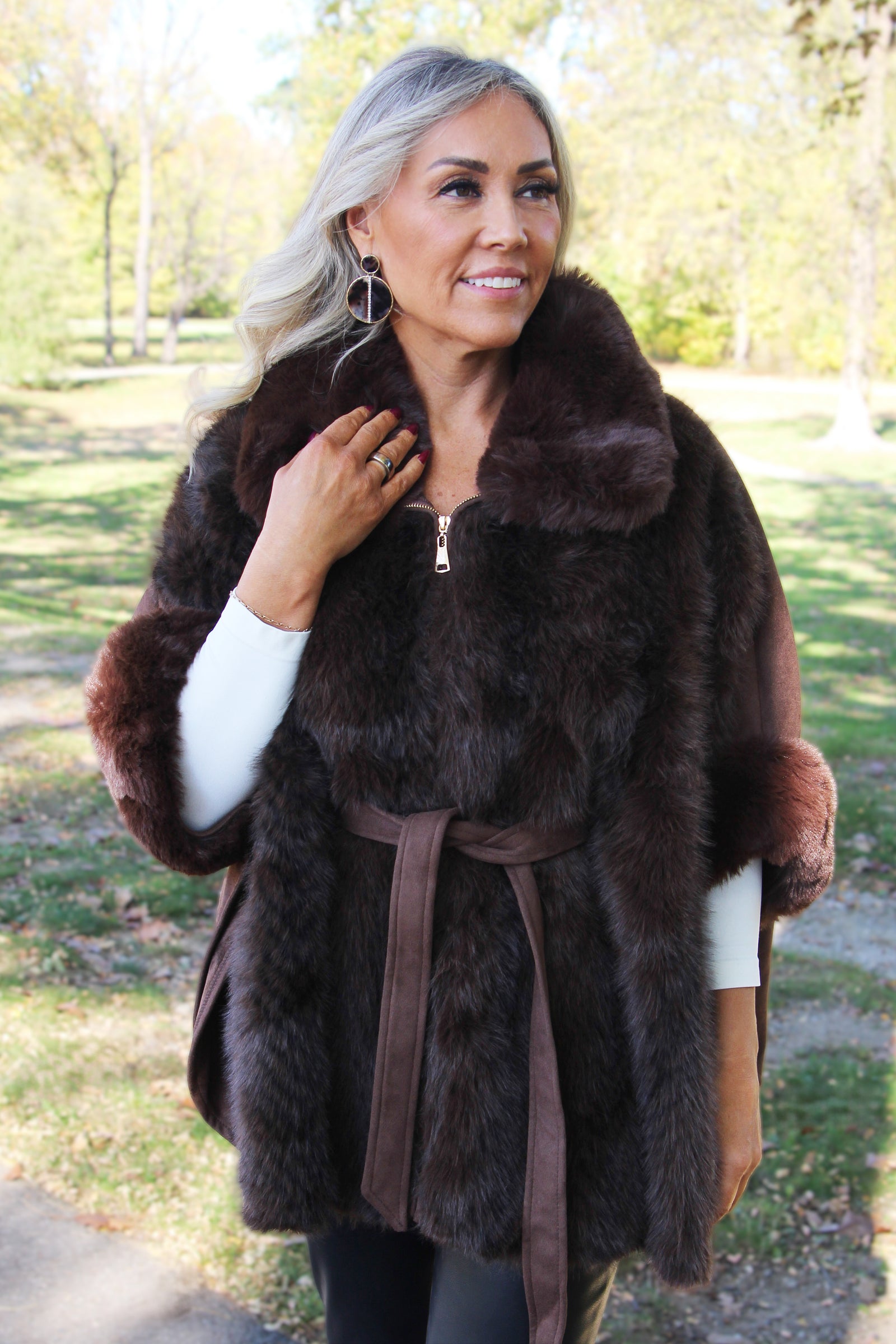 Faux Fur & Faux Suede Zip & Belted Cape