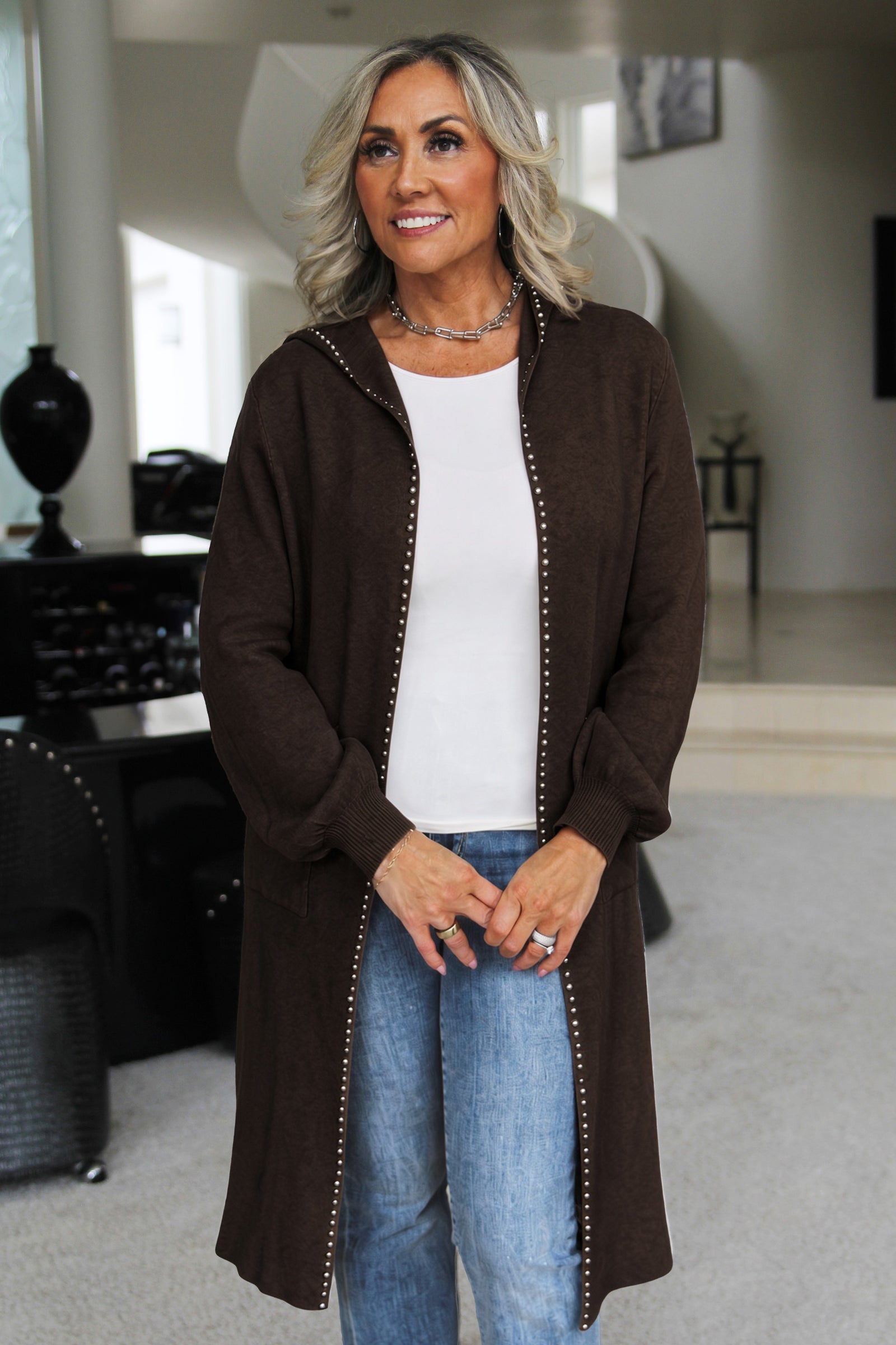 Open Long Knit Cardigan W/ Studs