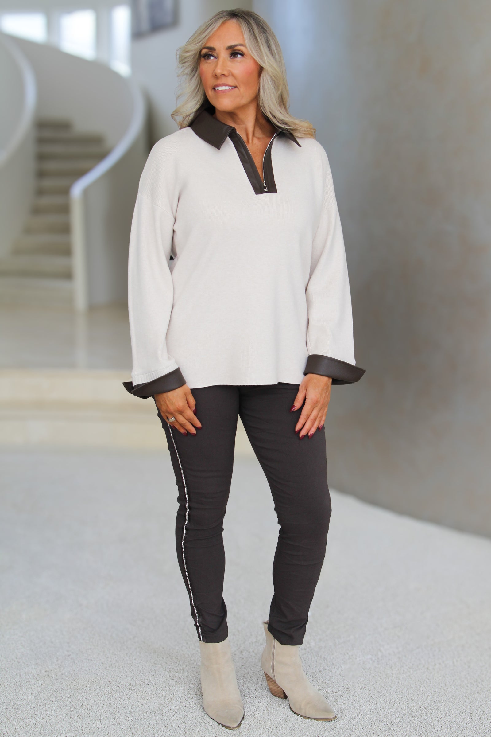 Quarter Zip Knit Polo Sweater w/ Faux Leather Trim