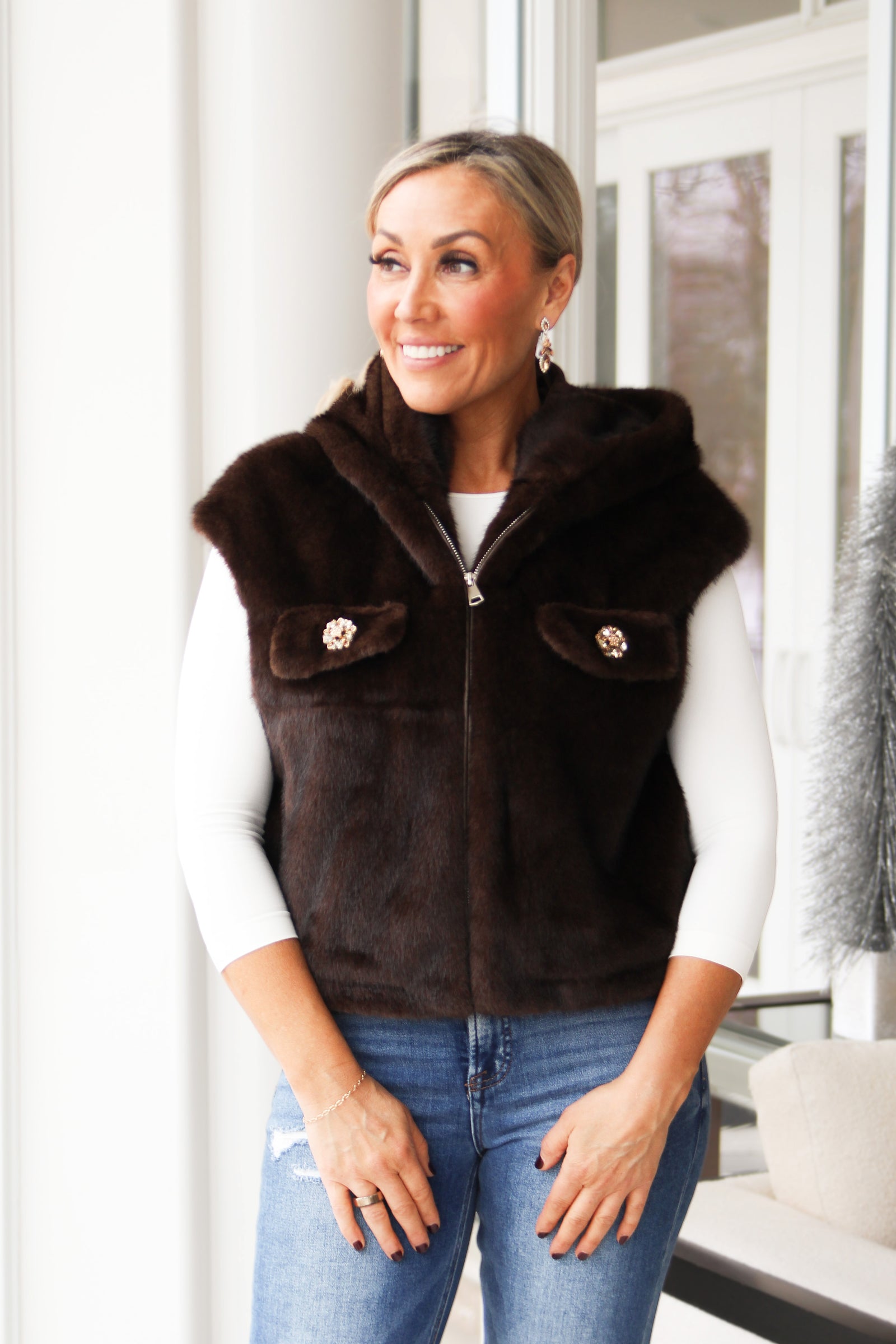 Faux Fur Vest Hoodie w/ Rhinestone Button