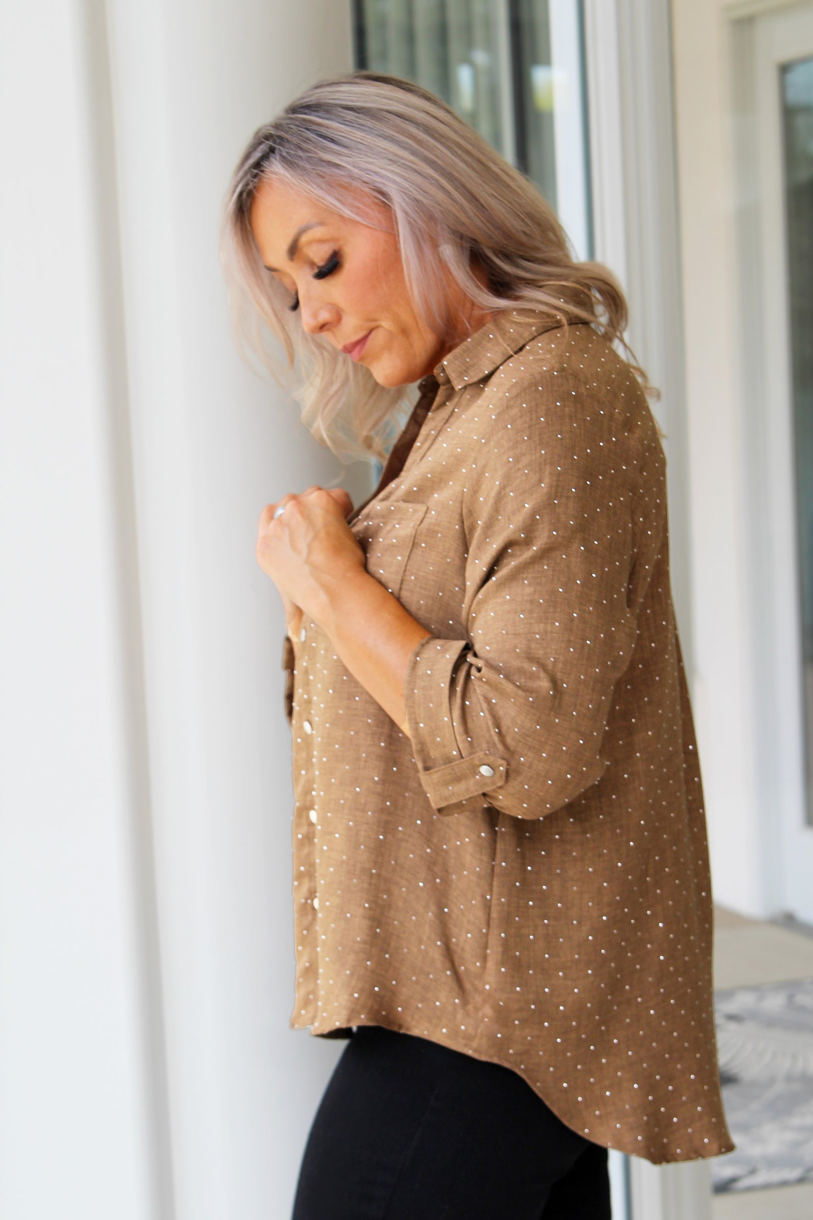 Rhinestone Covered Button Down Shirt w/ Sleeve Tabs