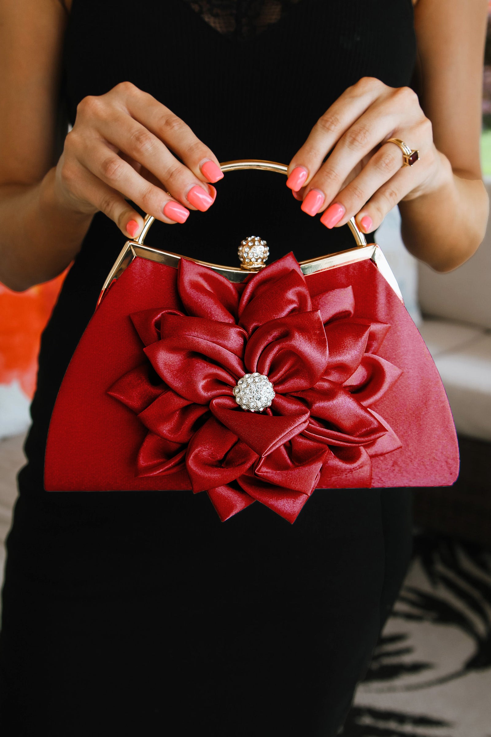 Satin Evening Bag w/ Large Satin Flower & Rhinestone Accents