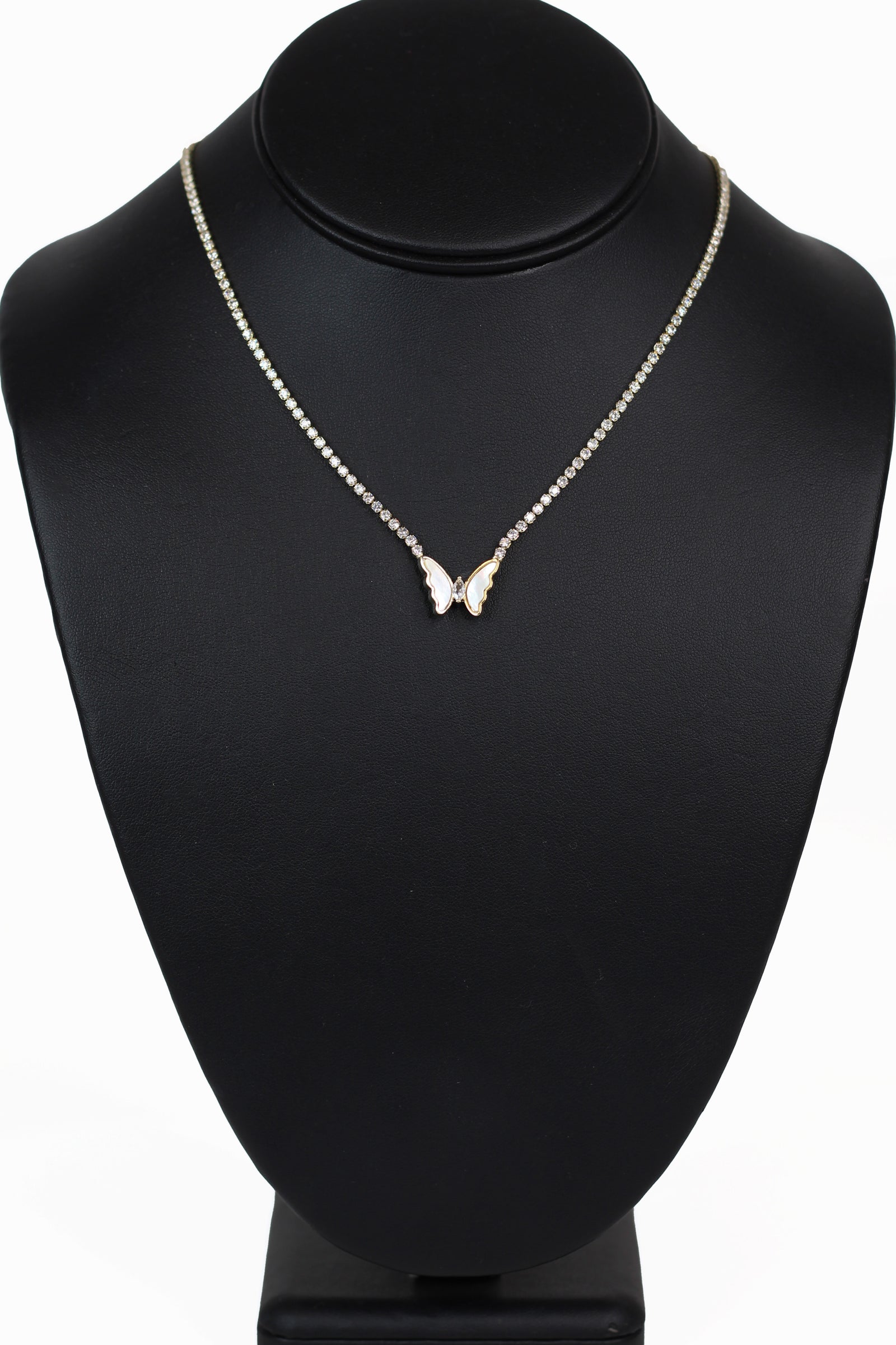 Rhinestone Tennis Necklace w/ Mother of Pearl Butterfly Center