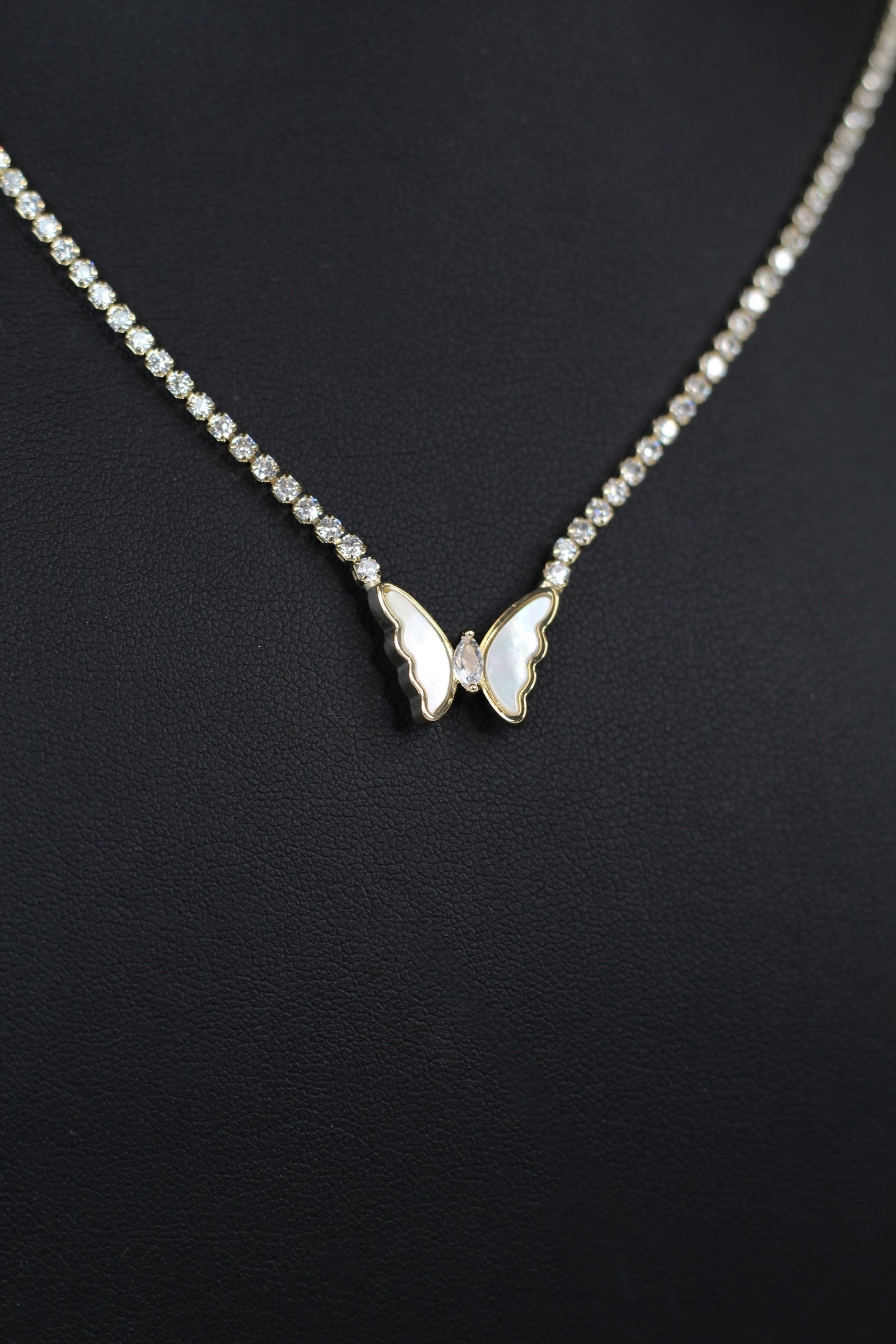 Rhinestone Tennis Necklace w/ Mother of Pearl Butterfly Center