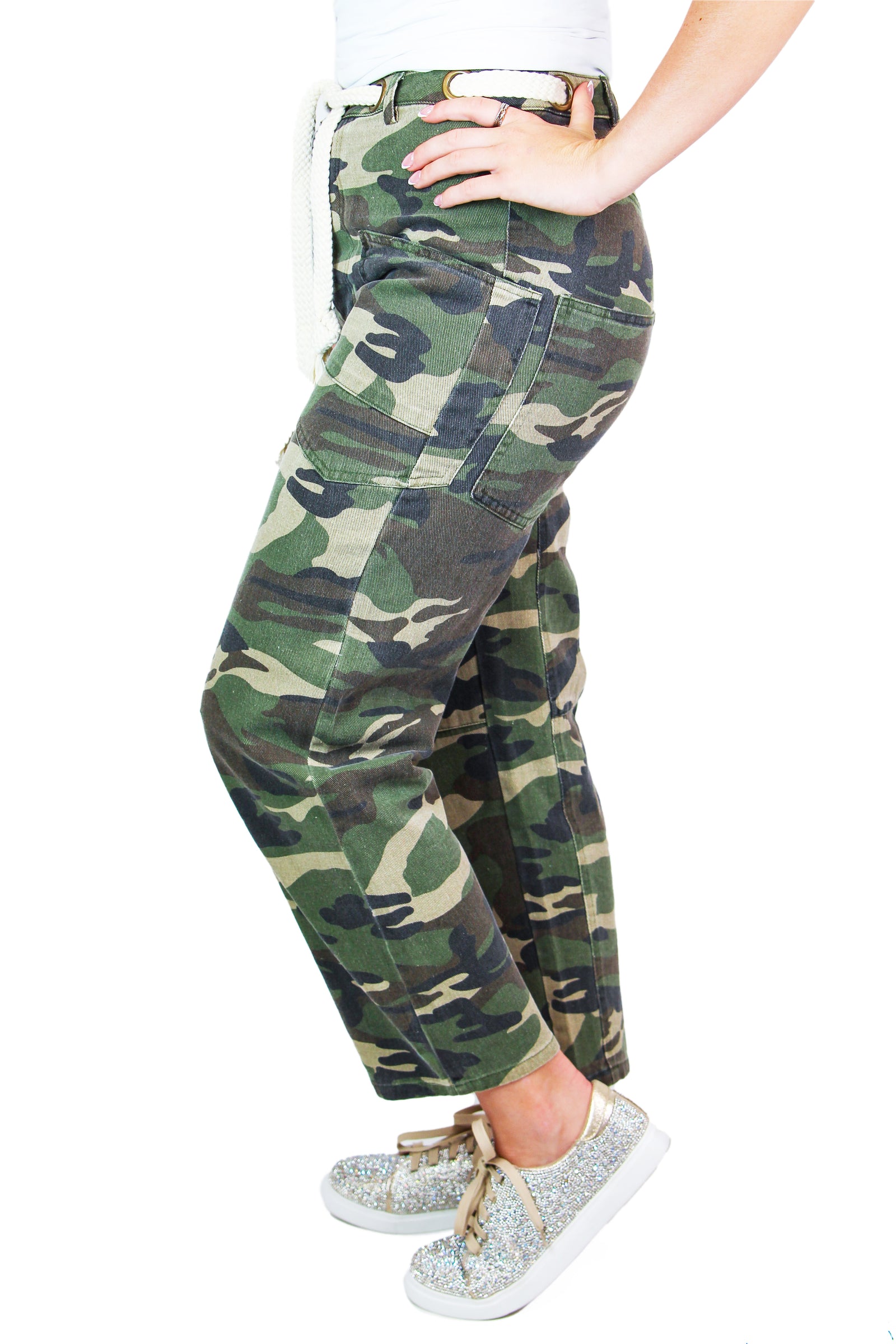 Camo Jeans w/ Waist Eyelets & Woven Belt