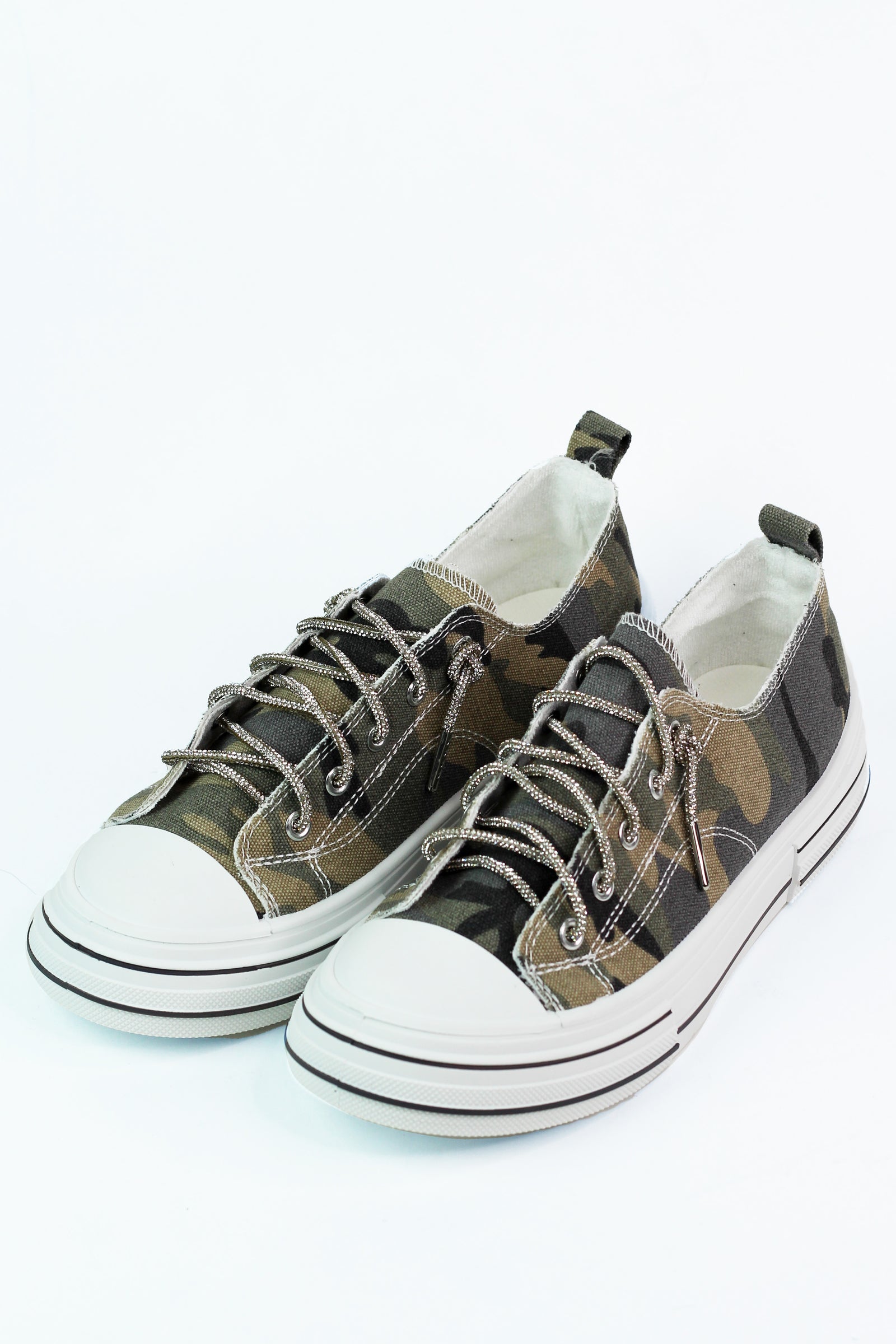 Camouflage Striped Sole Rhinestone Laced Sneaker