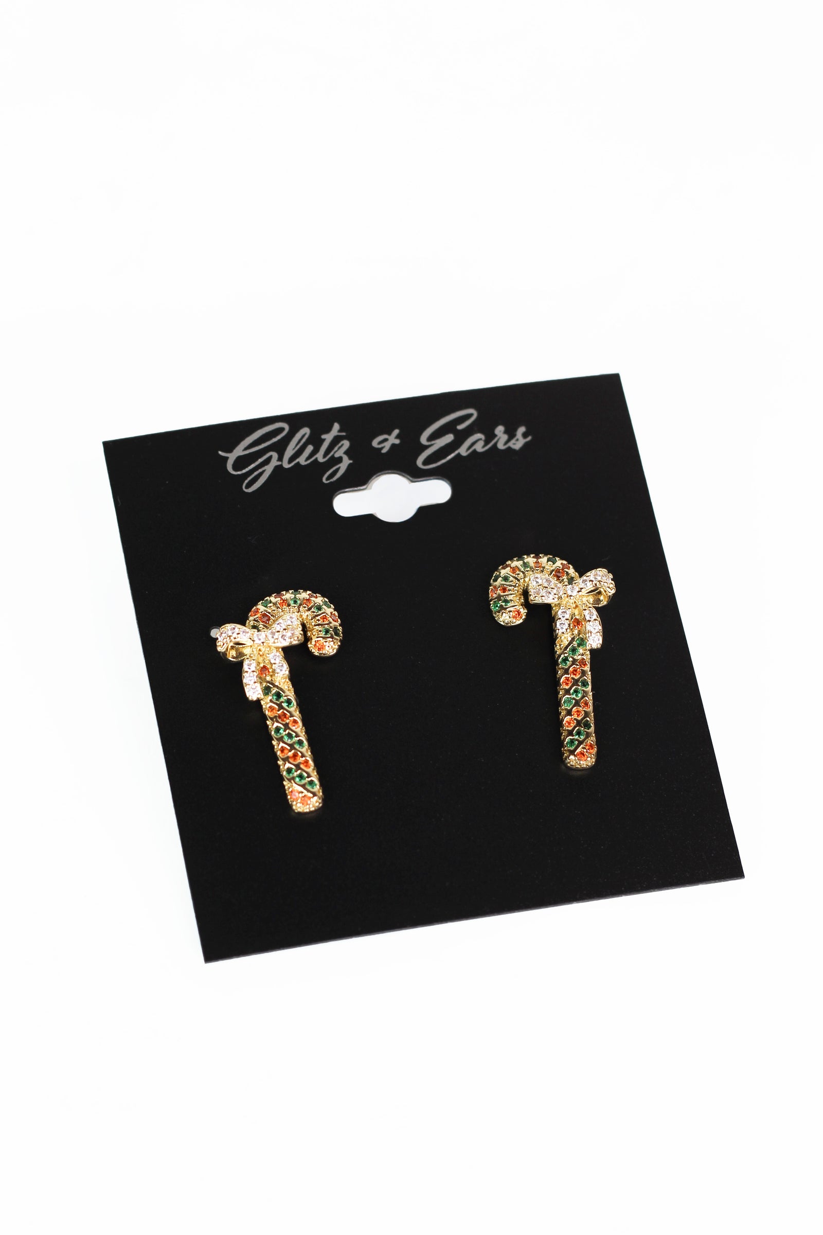 Rhinestone Candy Cane & Bow Stud Earrings