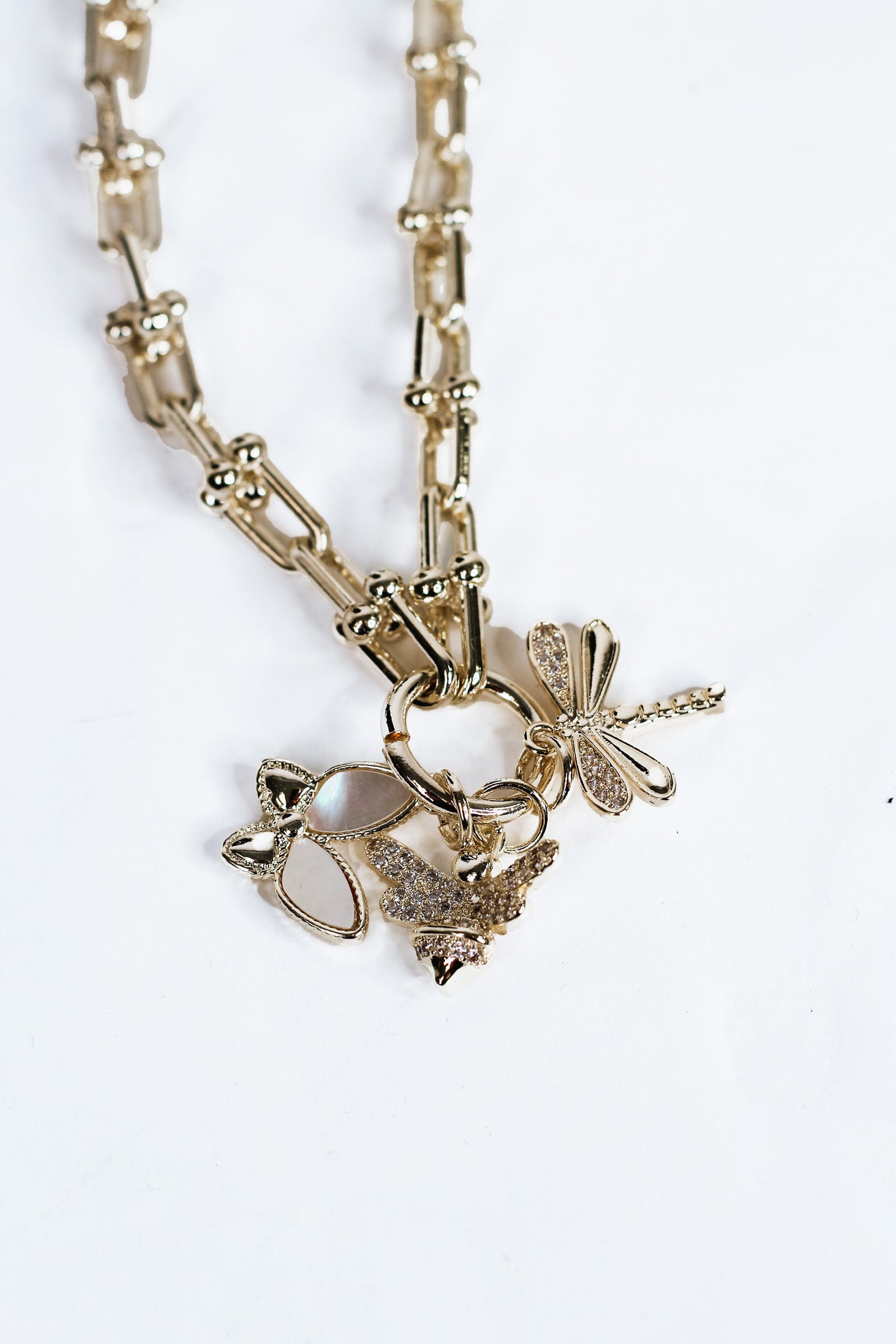 Ball Link Chain Necklace w/ Pave Dragonfly Butterfly & Bumble Bee Charms