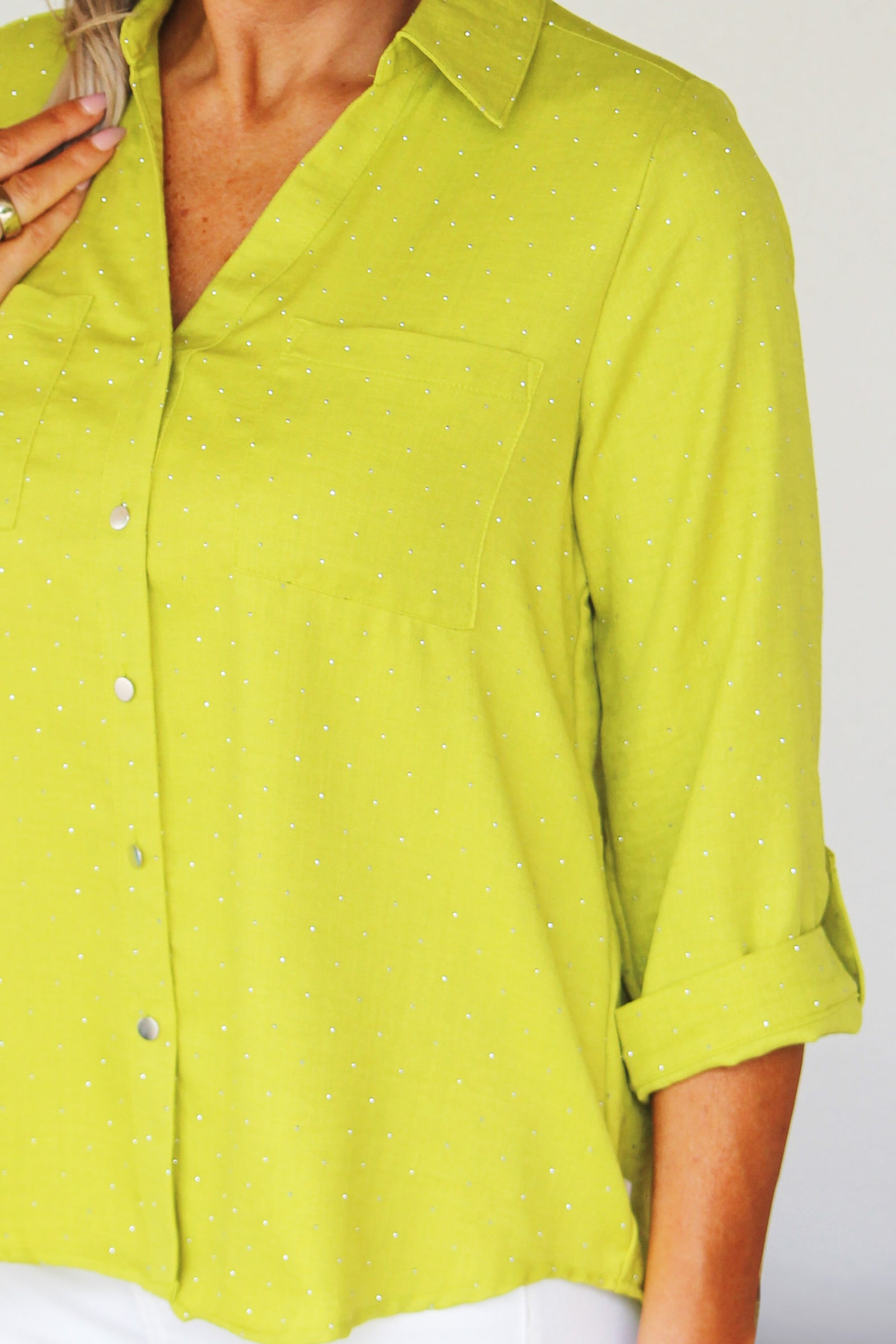 Rhinestone Covered Button Down Shirt w/ Sleeve Tabs