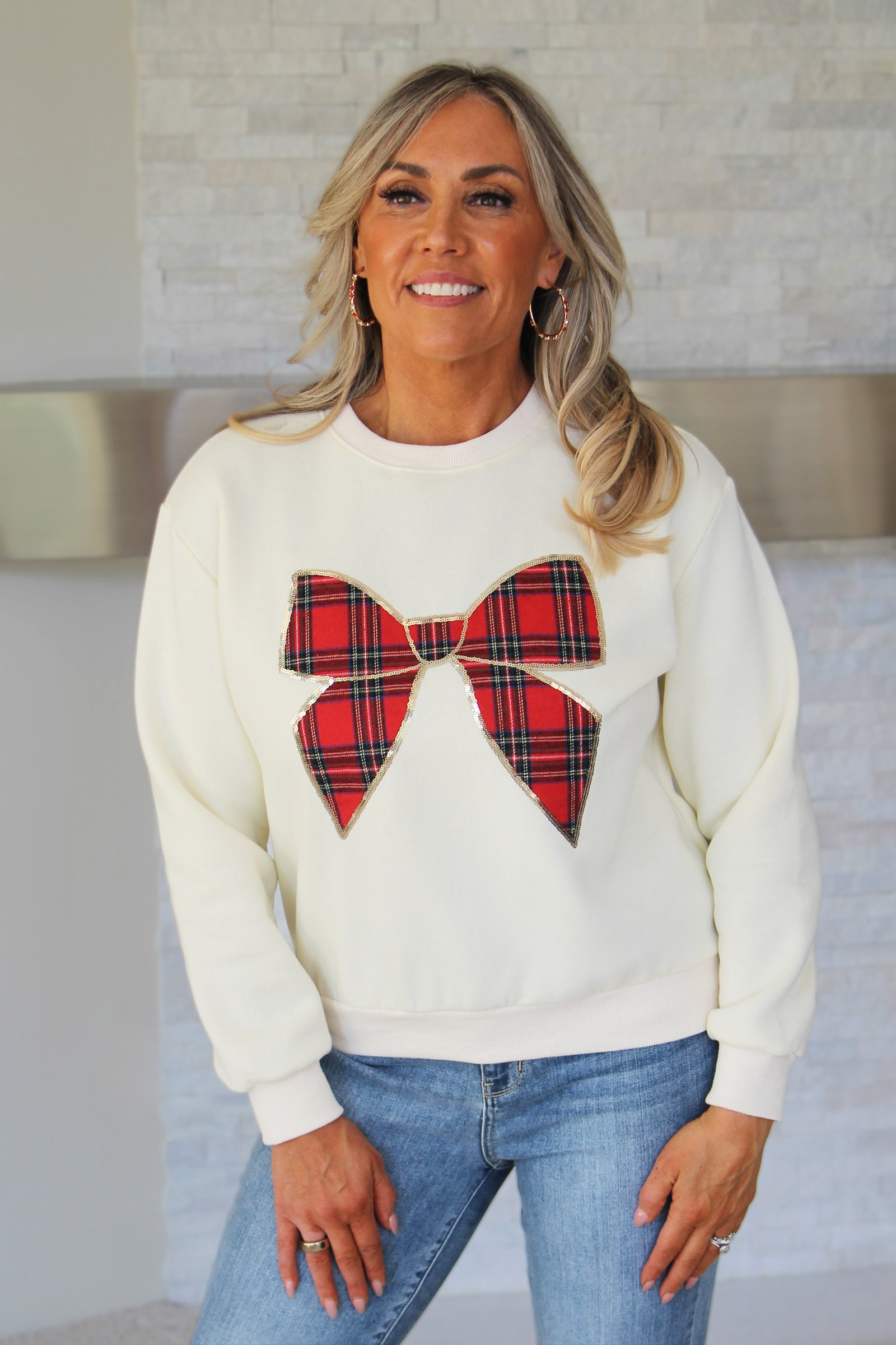 Christmas Sweatshirt w/ Plaid & Sequin Bow