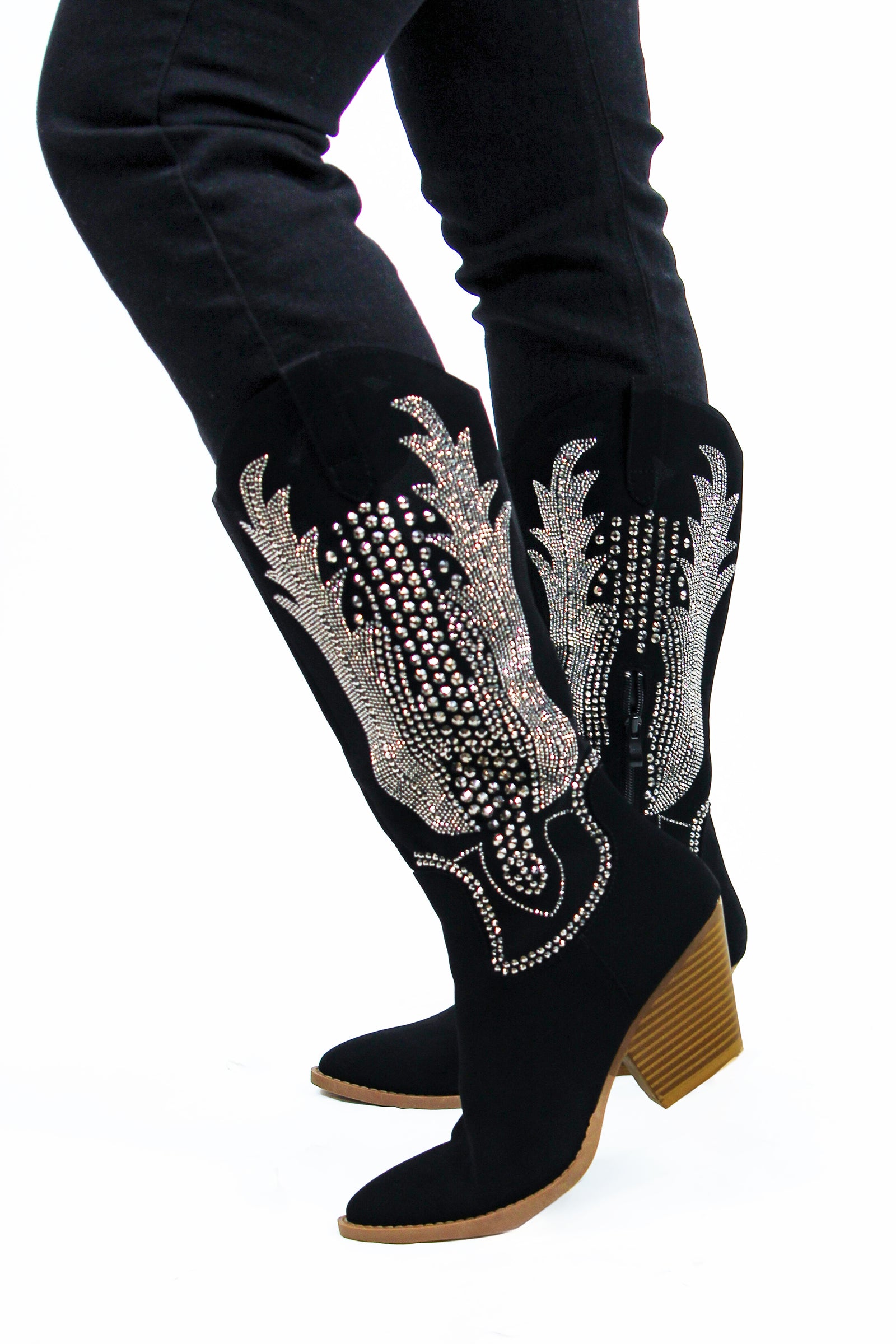 Black w/ Pewter Studded Design Stripped Heel Cowboy Boot