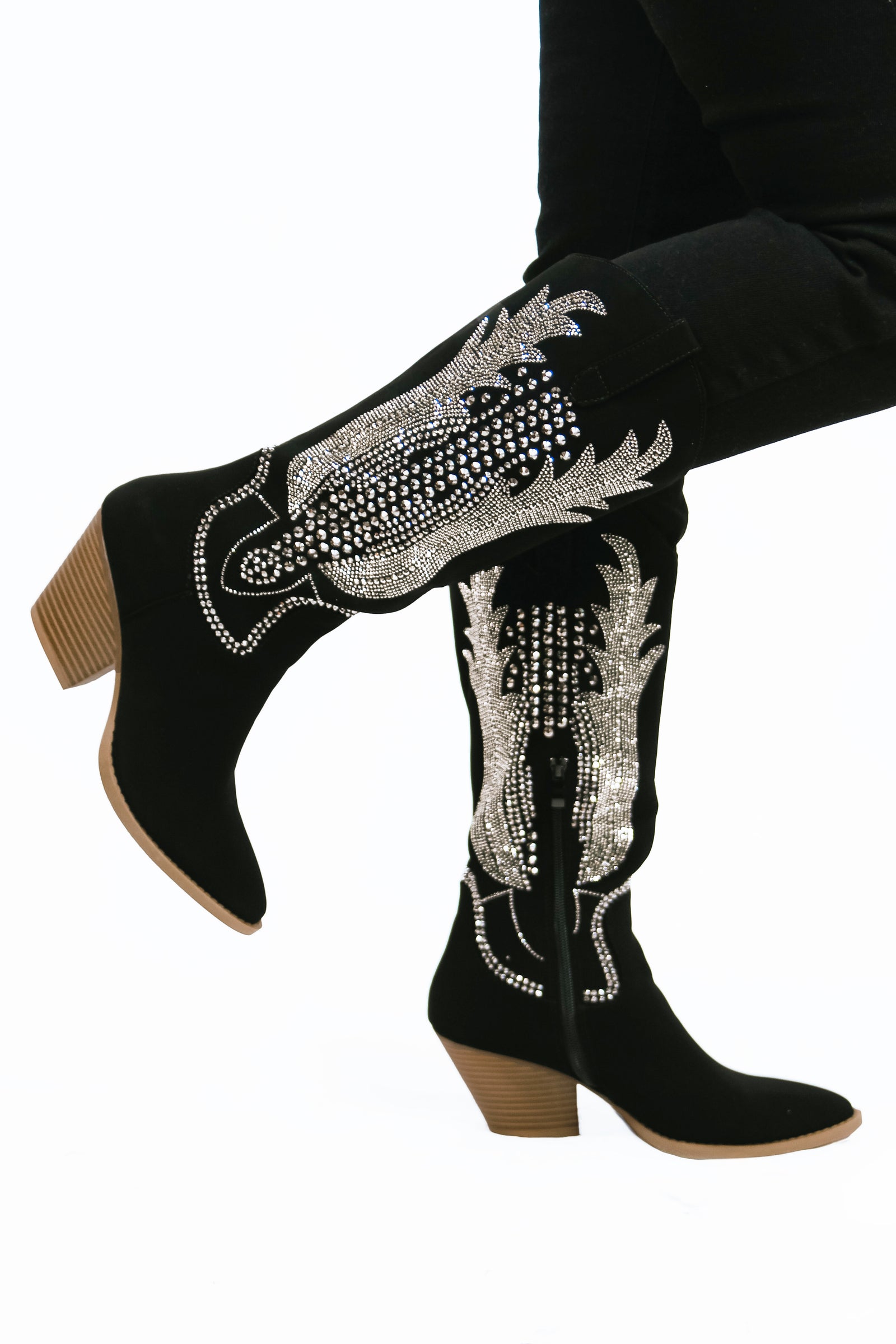 Black w/ Pewter Studded Design Stripped Heel Cowboy Boot