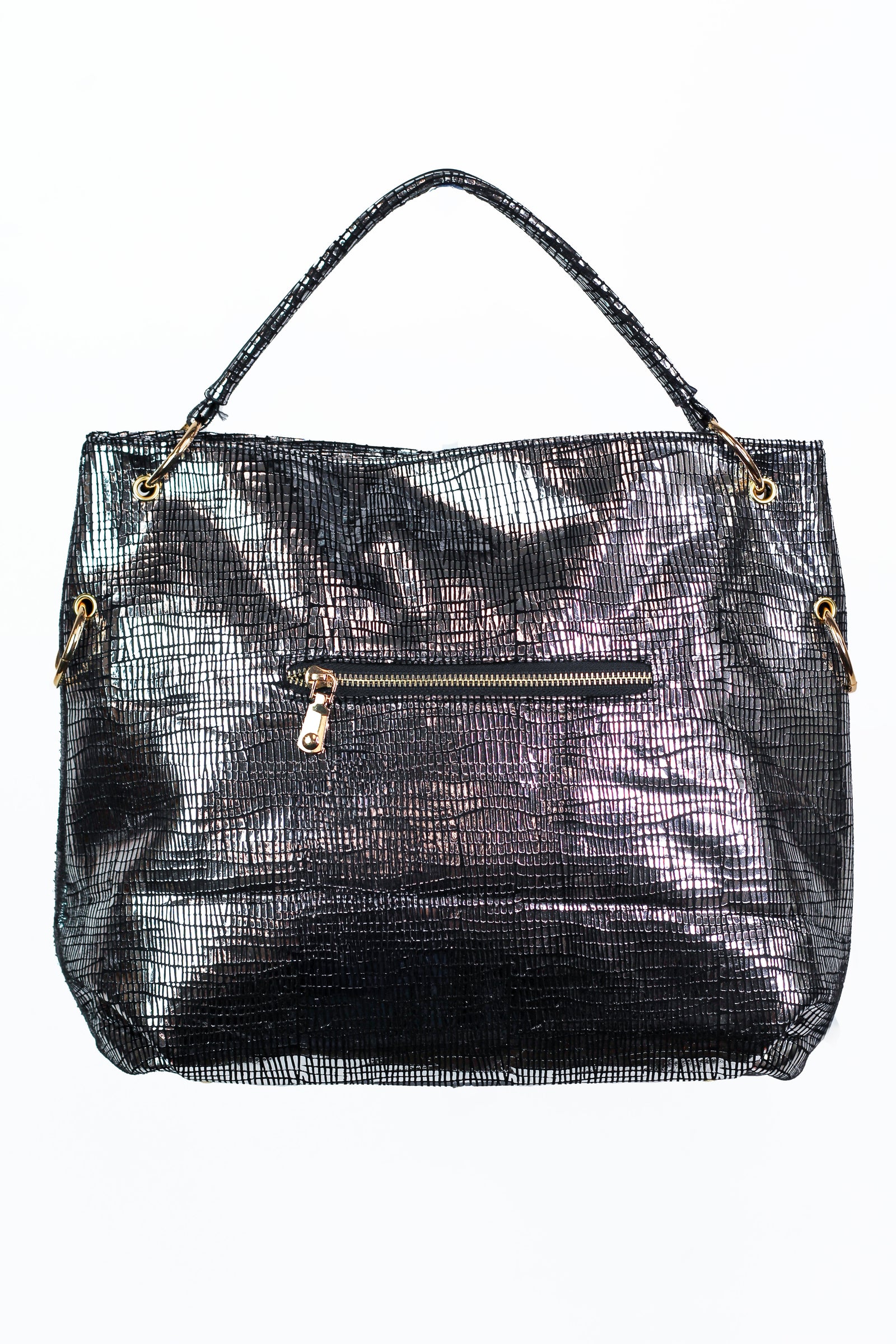 Rhinestone Front Crackled Metallic Fabric One Handle Purse