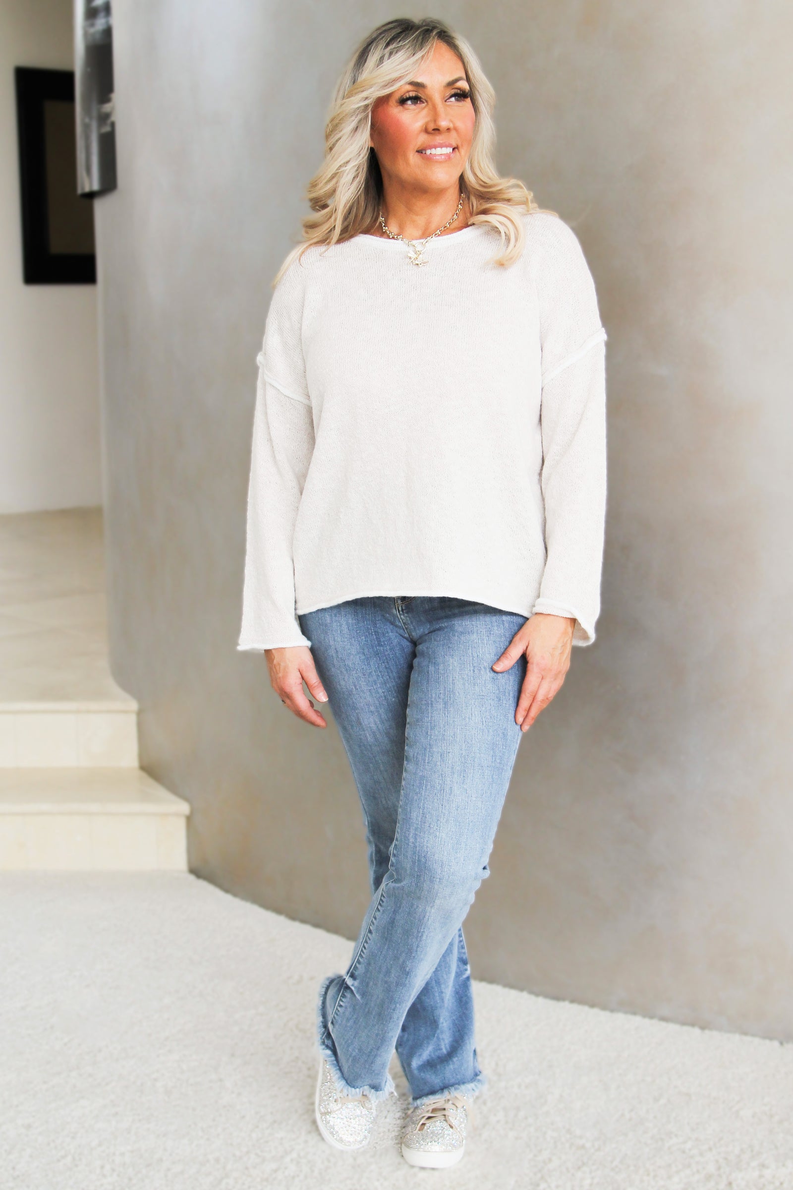 Long Sleeve Round Neck White Trim Cozy Knit Sweater