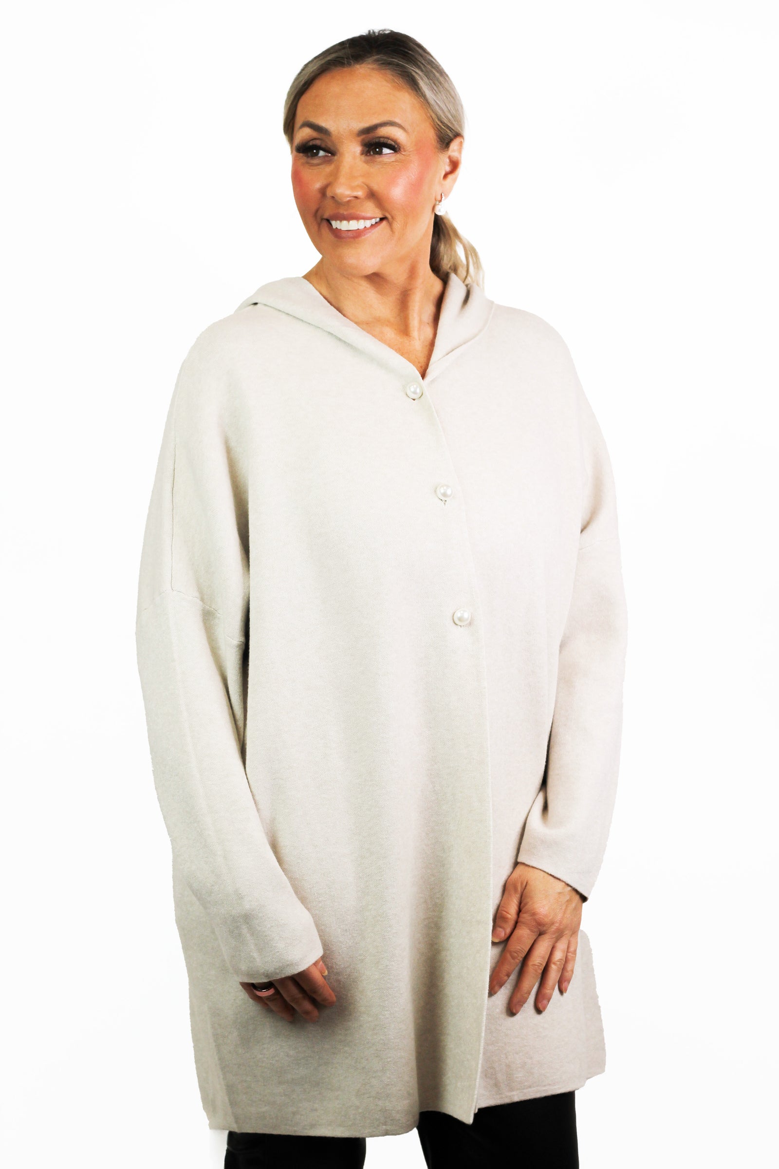 Long Sleeve Cardigan Hoodie w/ Faux Pearl Buttons