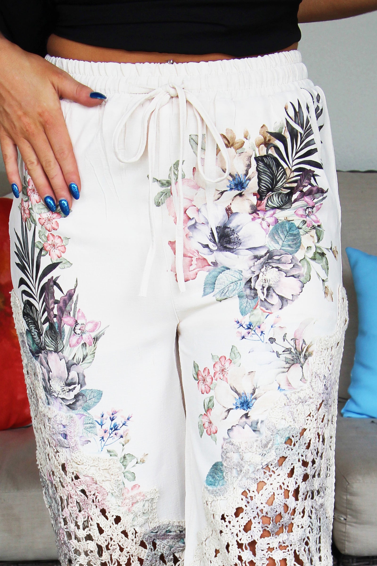 Tropical Print Pants W/ Crochet Bottom