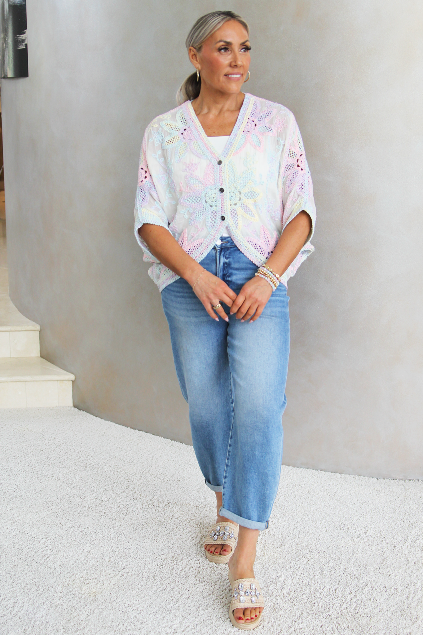 Crochet V-Neck Batwing Sleeve Oversized Fit Cardigan