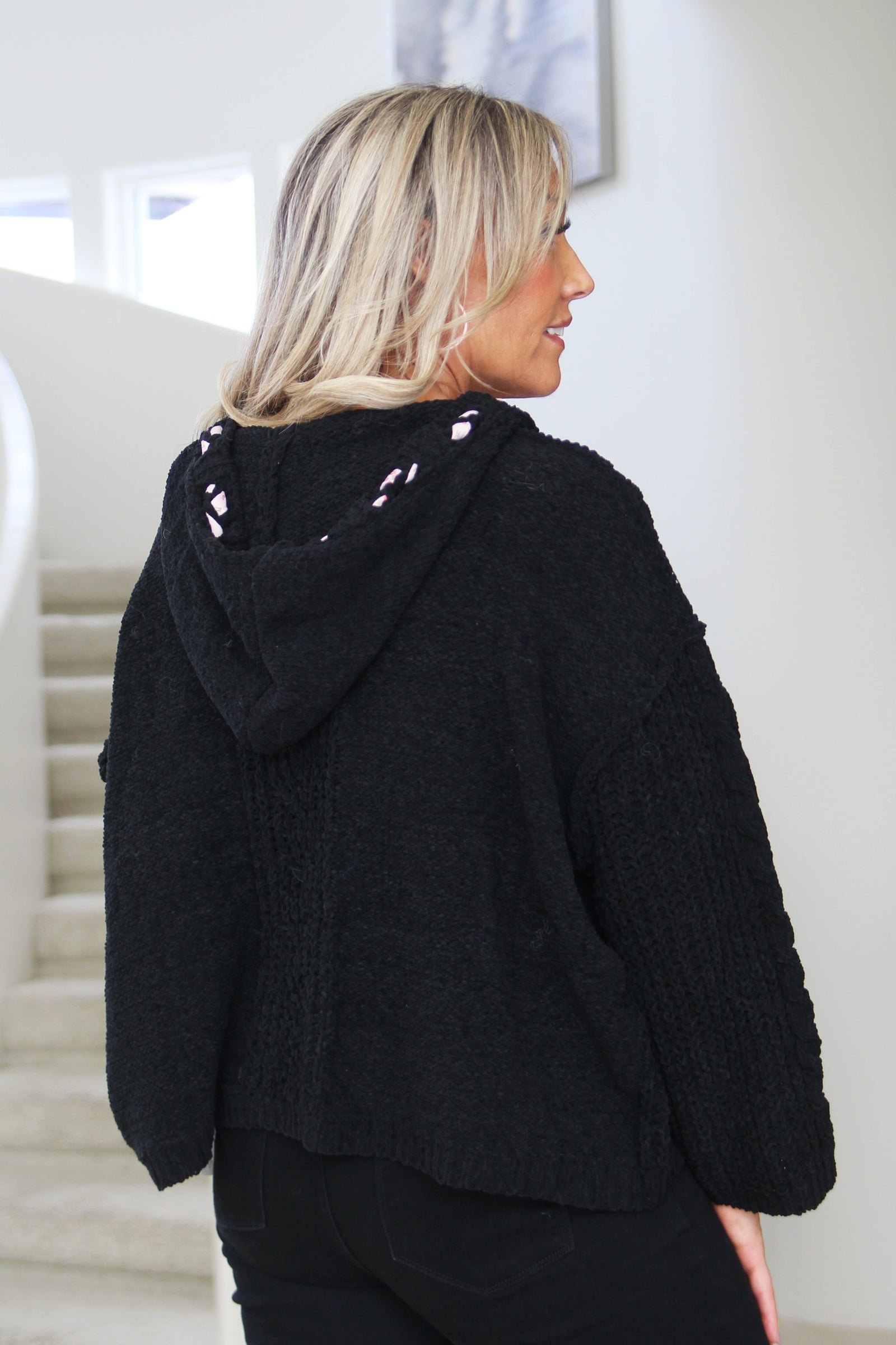 Black Crochet Short Sweater W/ Floral Drawstring