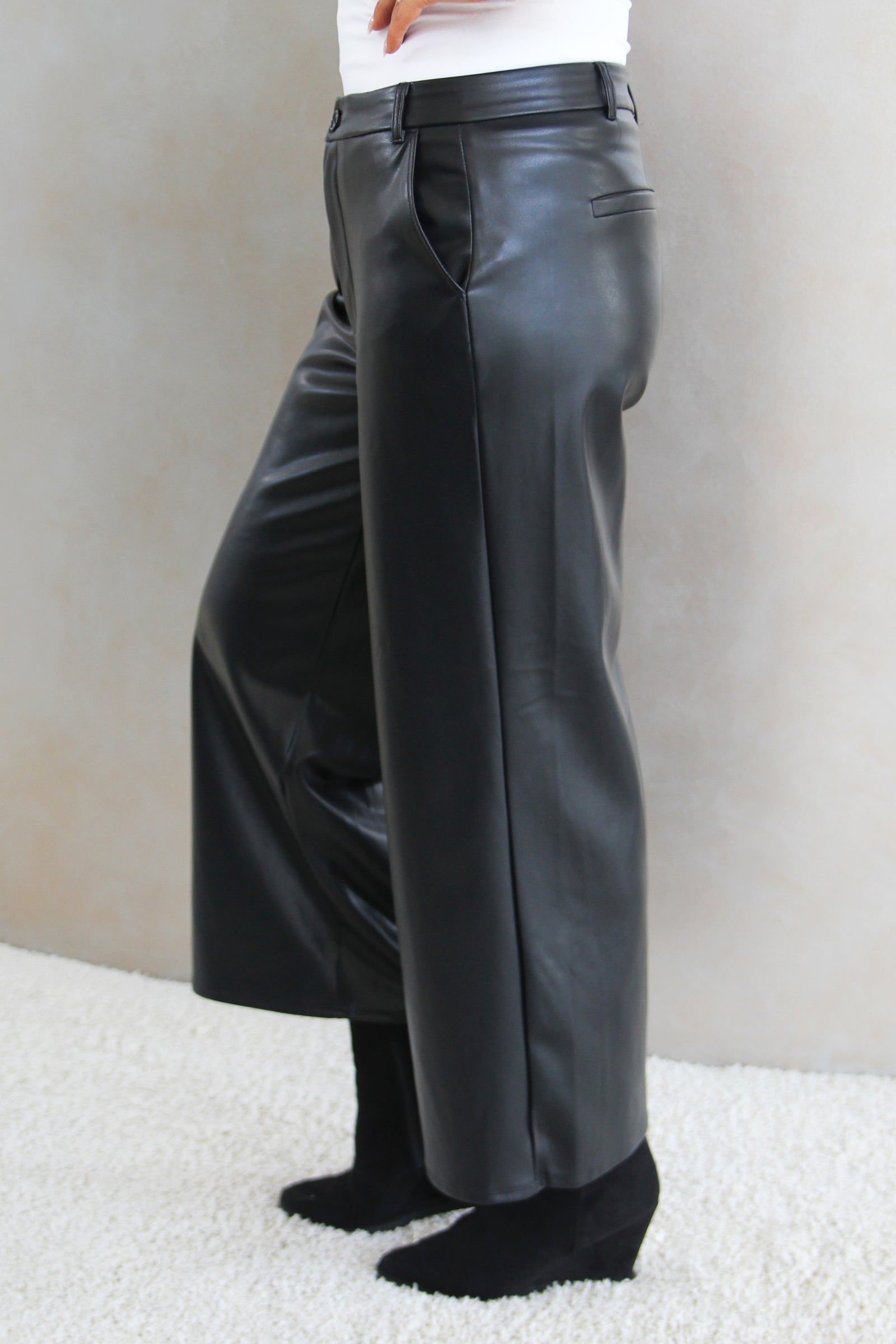 Faux Leather Wide Leg Cropped Pants