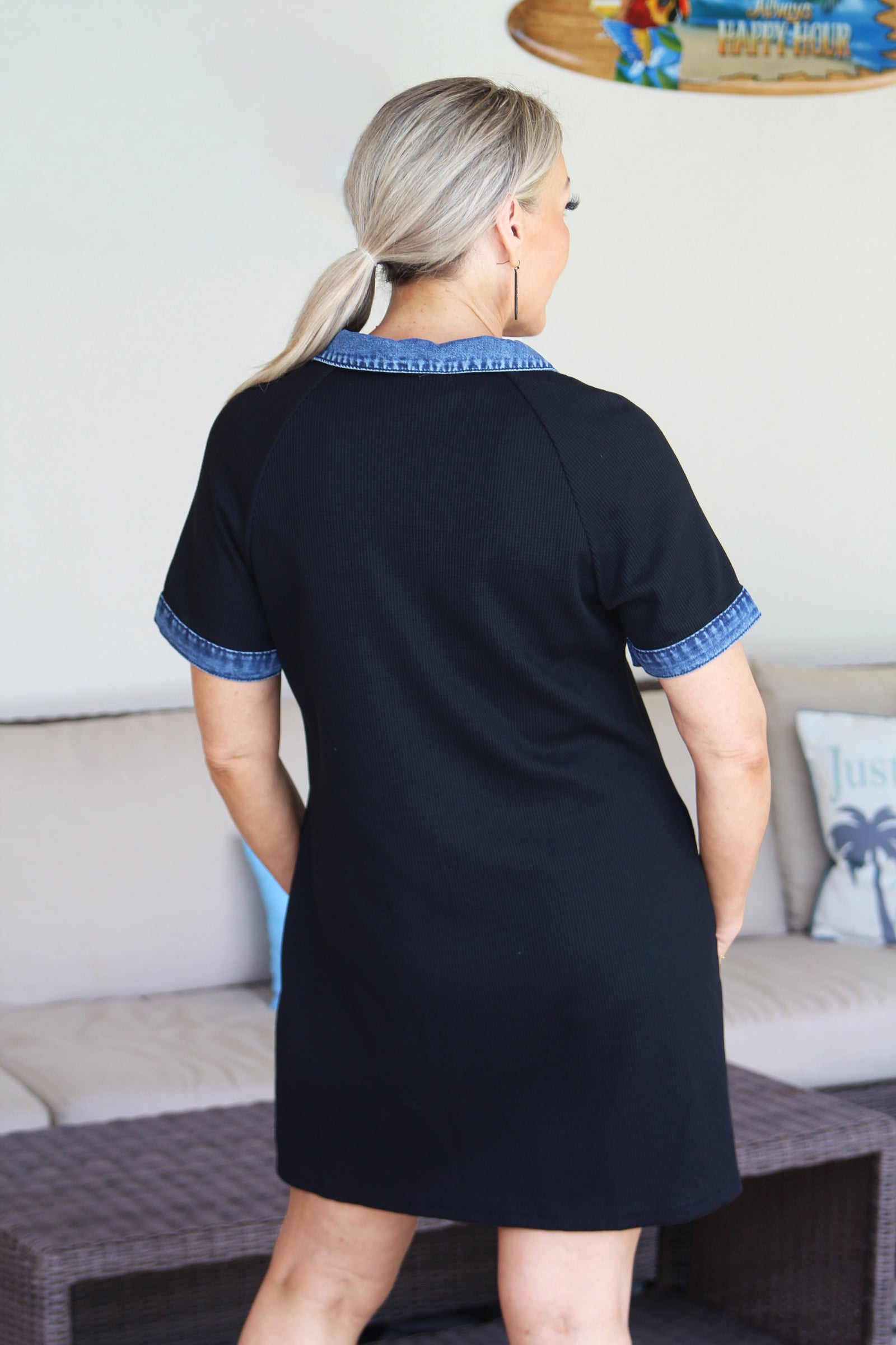 Short Sleeve Polo Dress w/ Denim Trim & Pockets