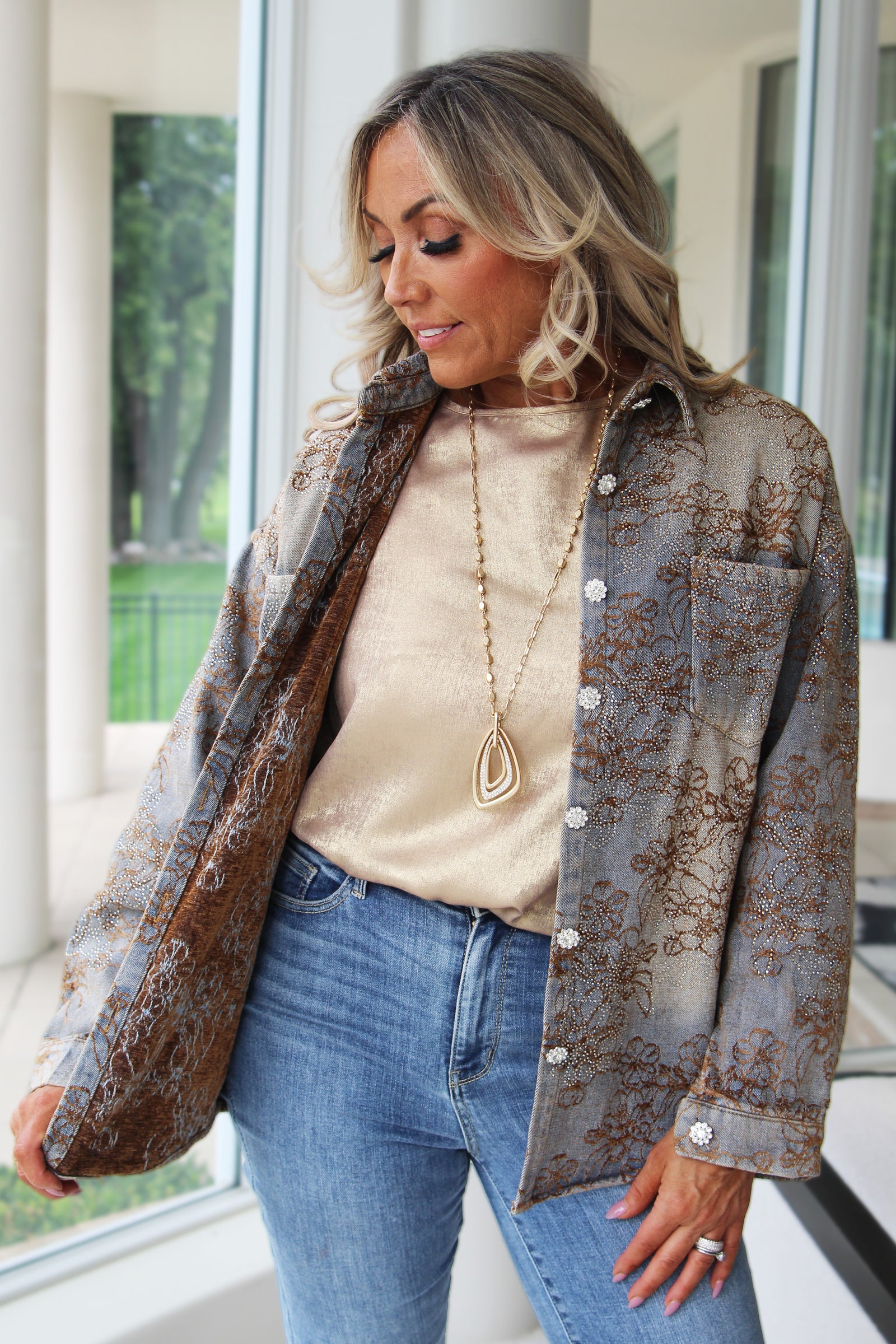 Floral & Rhinestone Denim Shacket