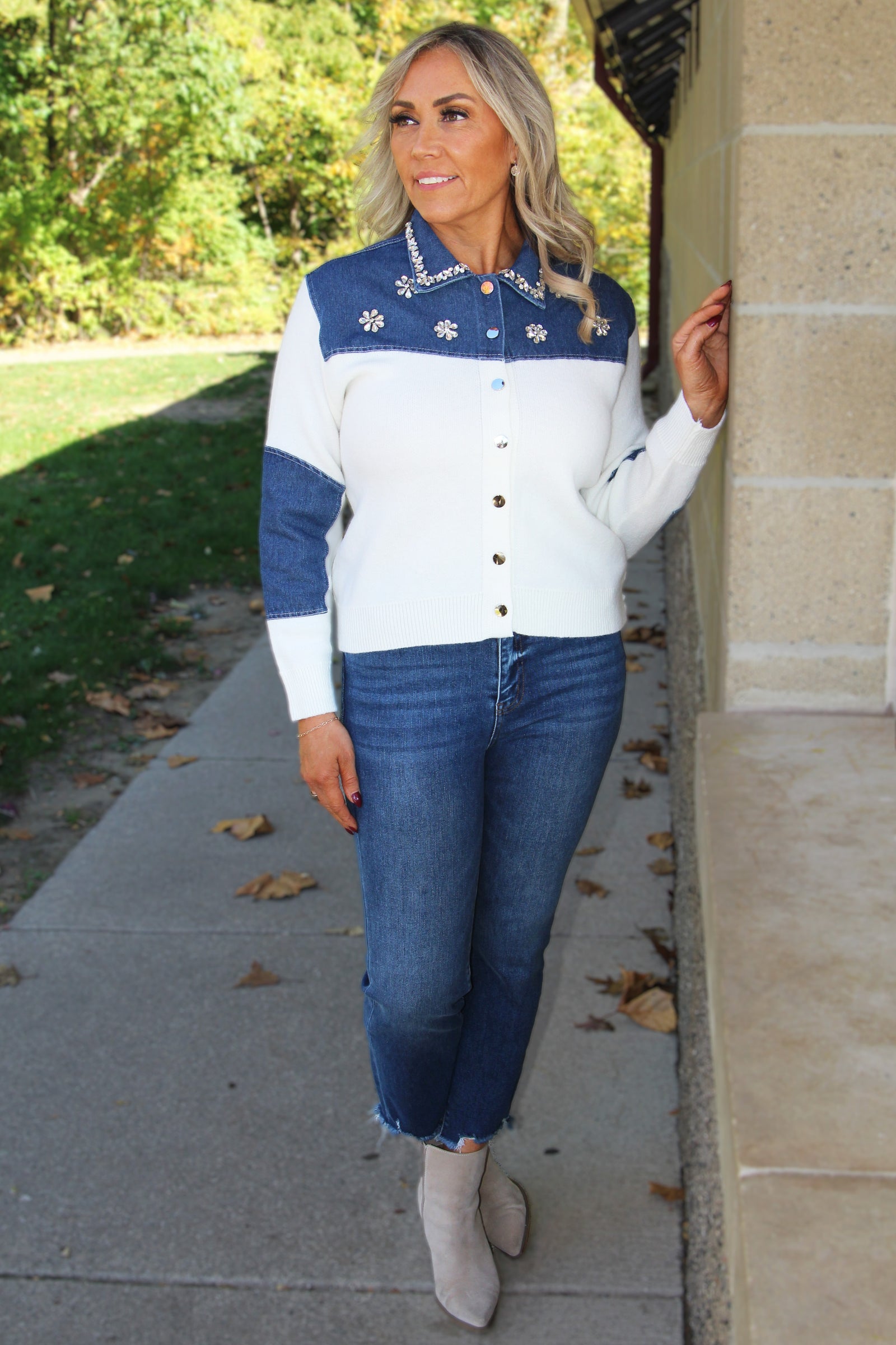 Button Down Sweater w/ Denim Patches & Stone Trim