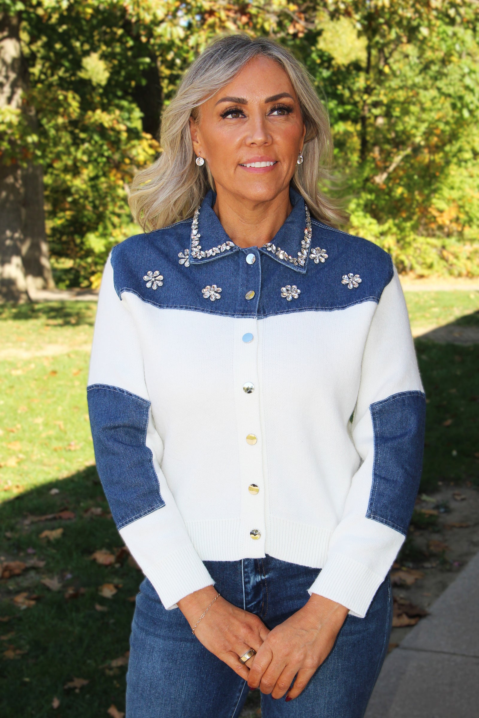 Button Down Sweater w/ Denim Patches & Stone Trim