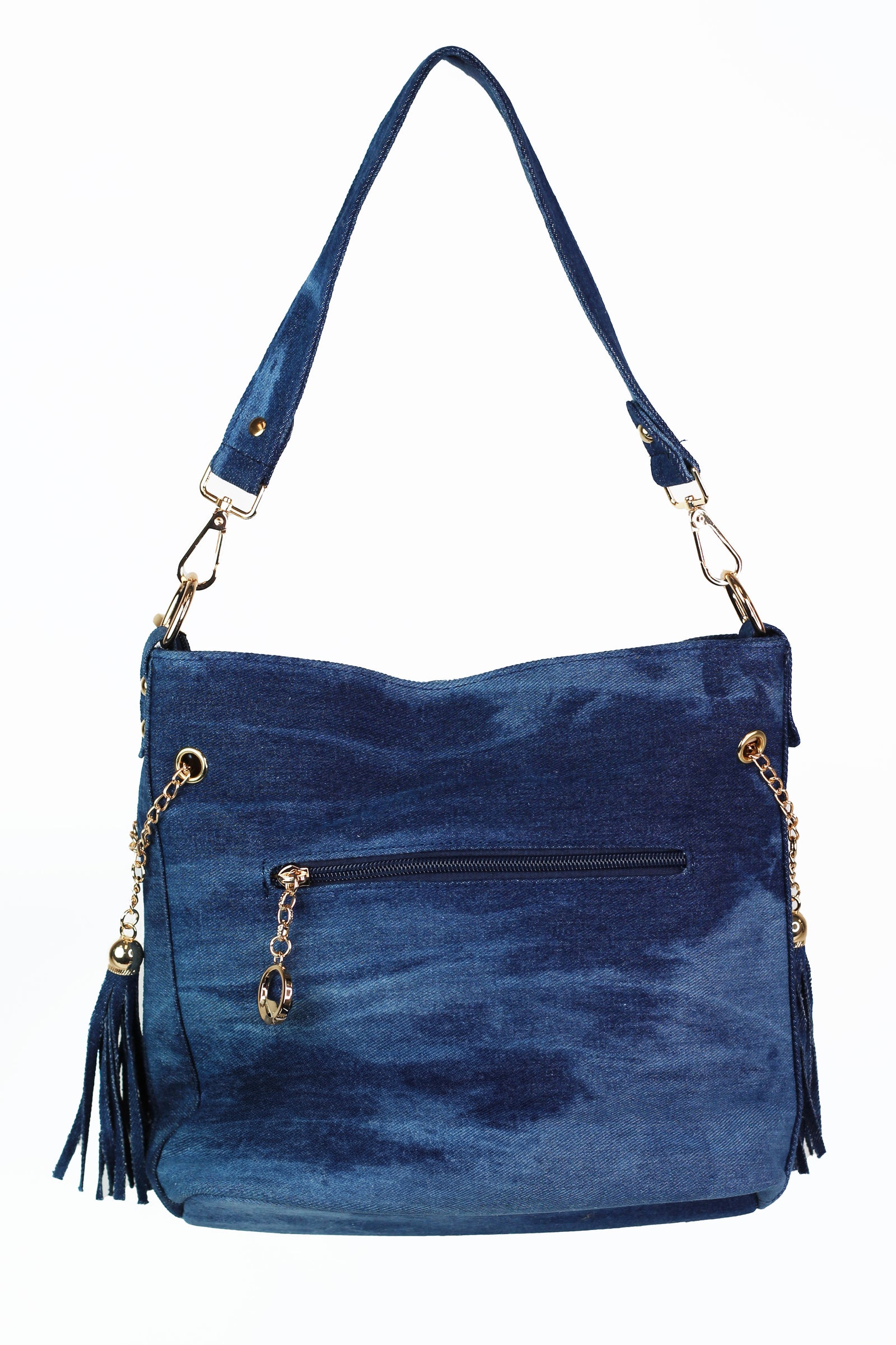 Diamond Front Rhinestone Denim Purse w/ Side Chains & Tassels