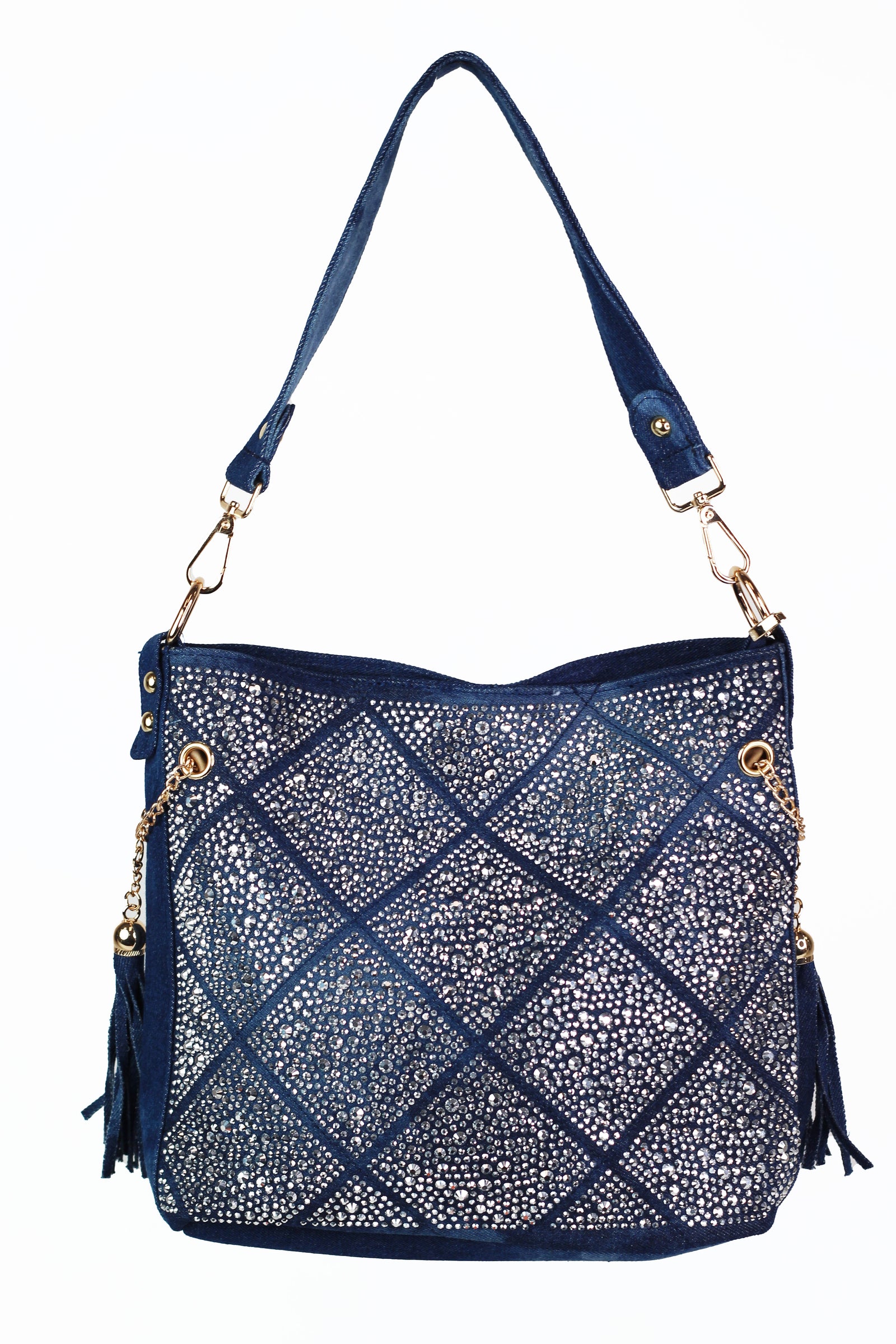 Diamond Front Rhinestone Denim Purse w/ Side Chains & Tassels