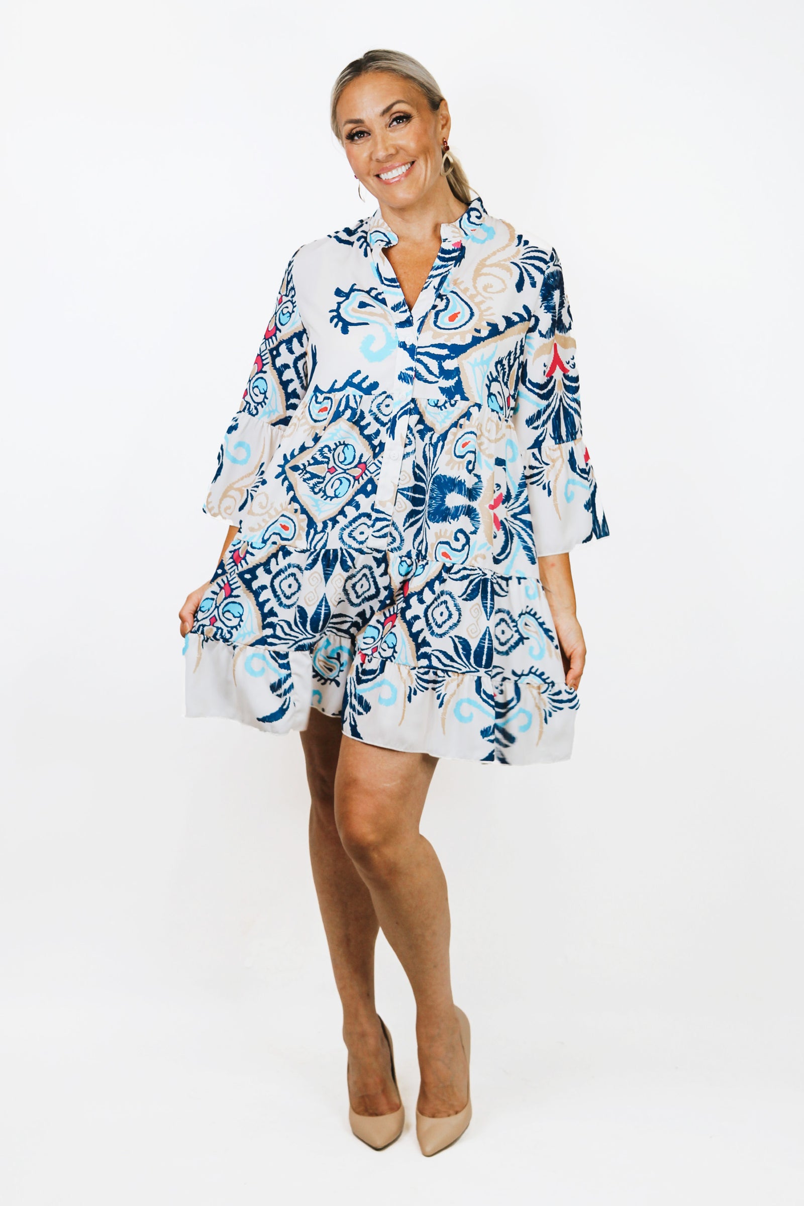 Abstract Paisley Print Button Down Boho Dress w/ 3/4 Sleeves (SALE)