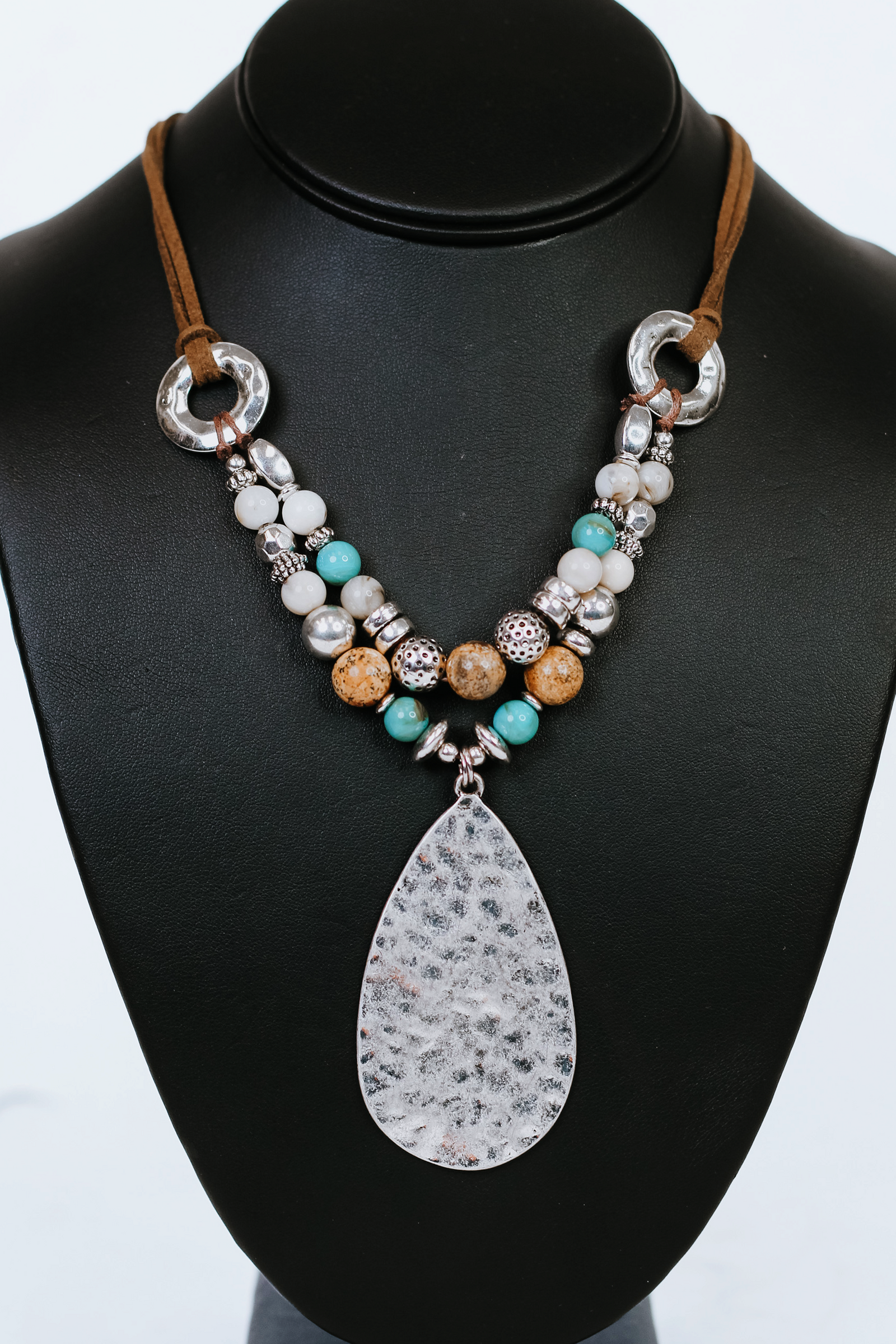 Leather & Bead Necklace w/ Hammered Metal Teardrop Pendant