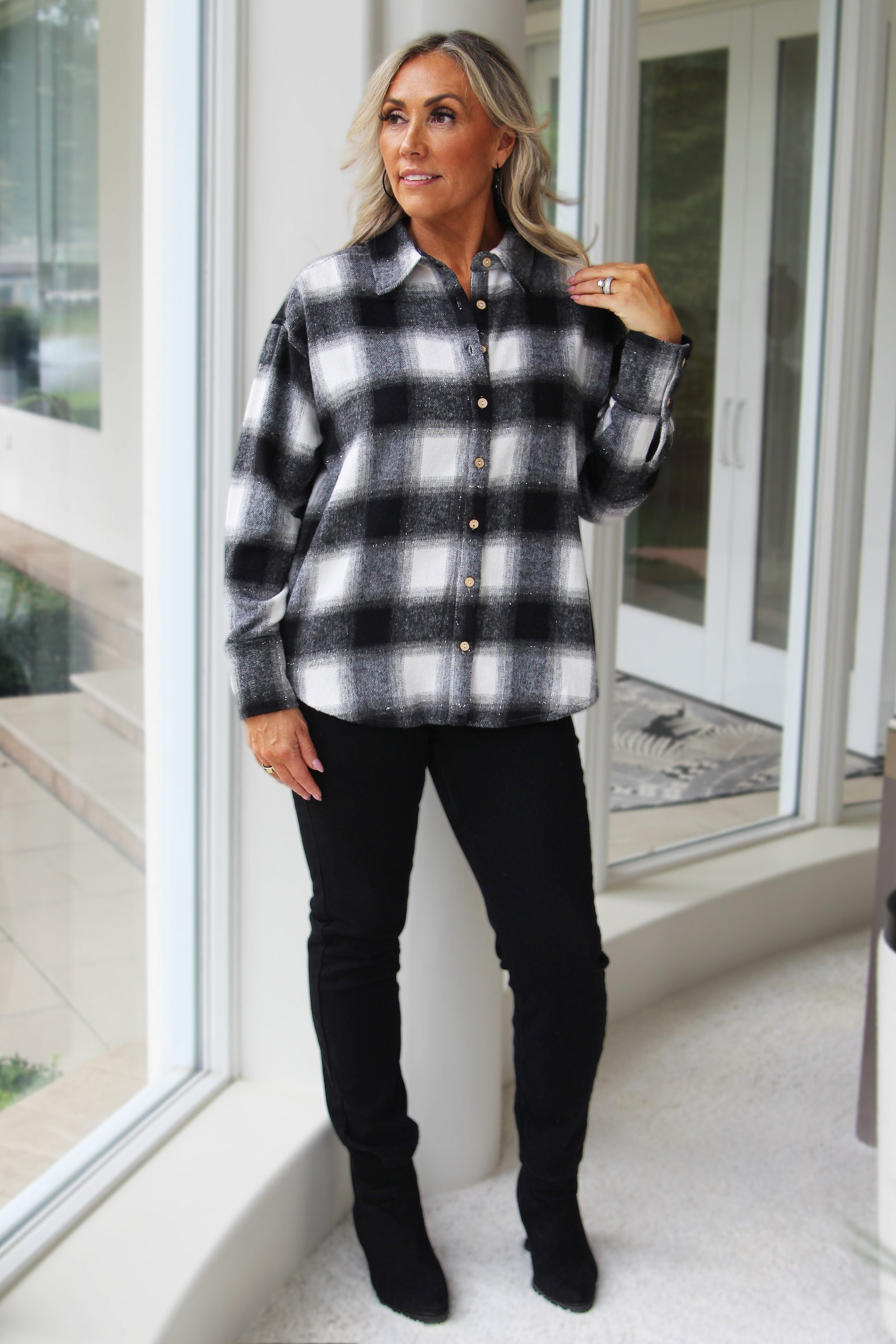 Long Sleeve Sparkle Flannel Button Down Shirt