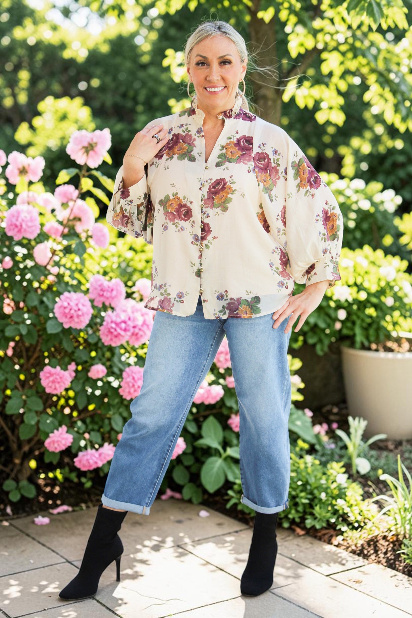 Semi Sheer Floral Print Button Down Top w/ Loose Sleeves
