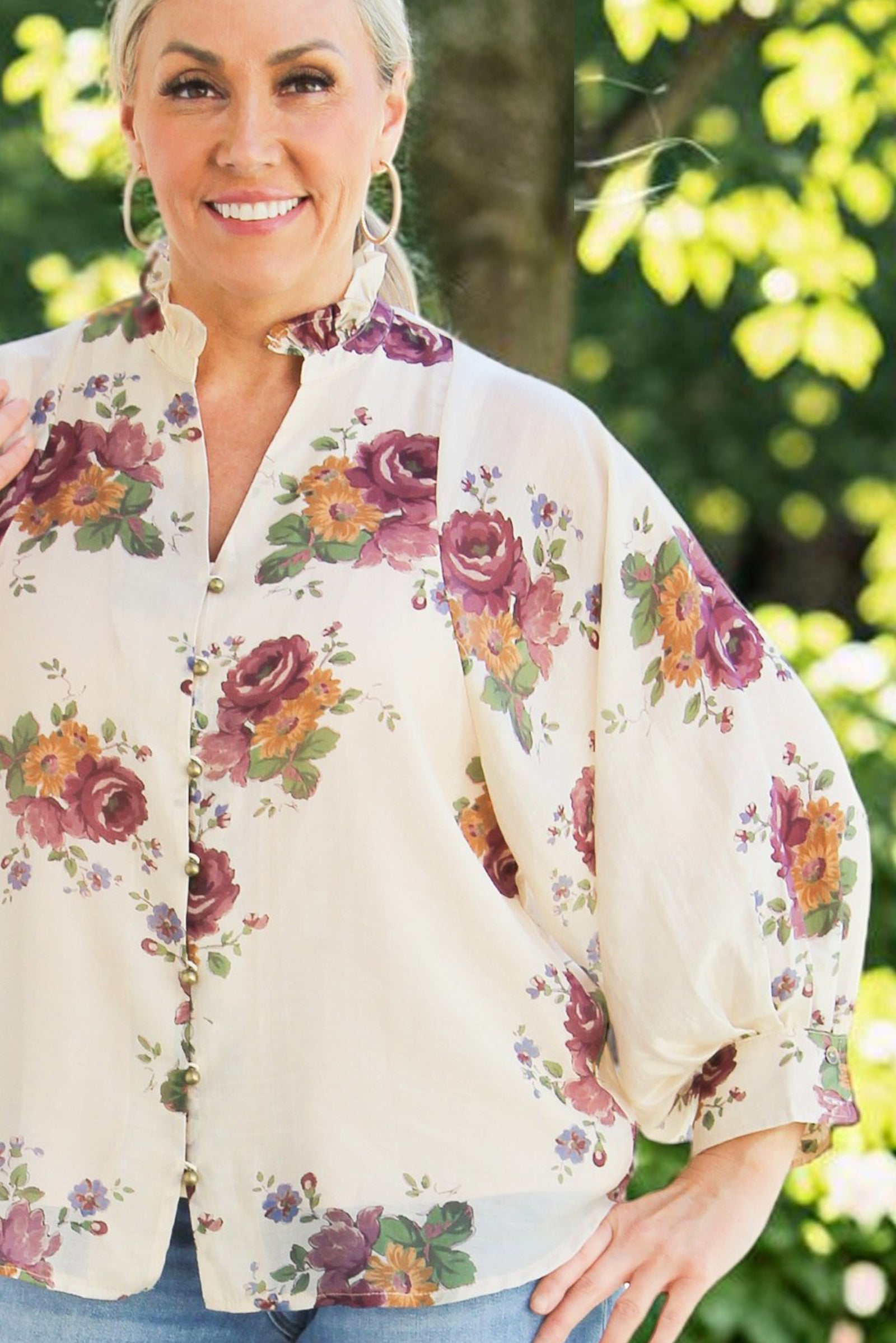 Semi Sheer Floral Print Button Down Top w/ Loose Sleeves