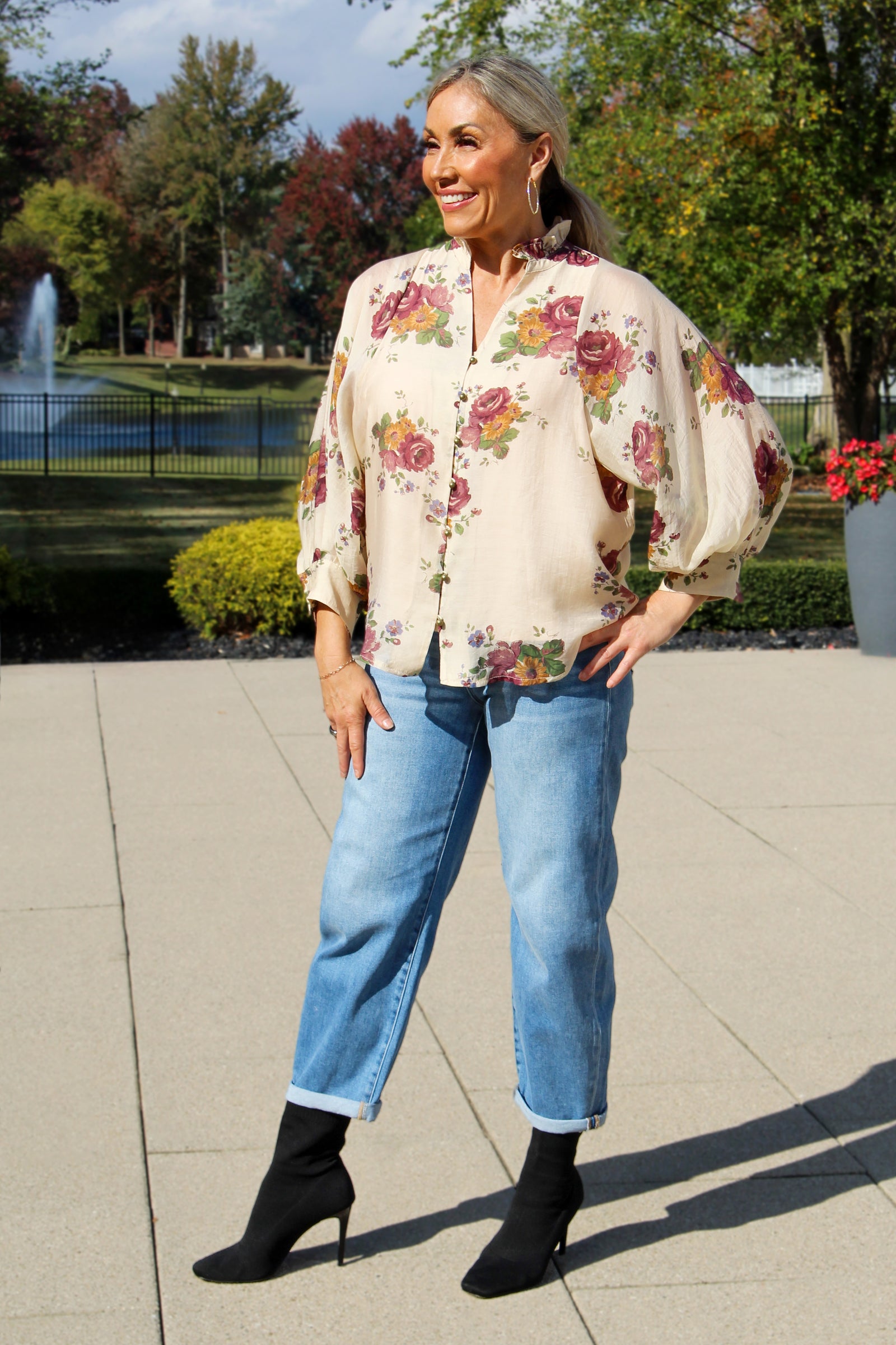 Semi Sheer Floral Print Button Down Top w/ Loose Sleeves