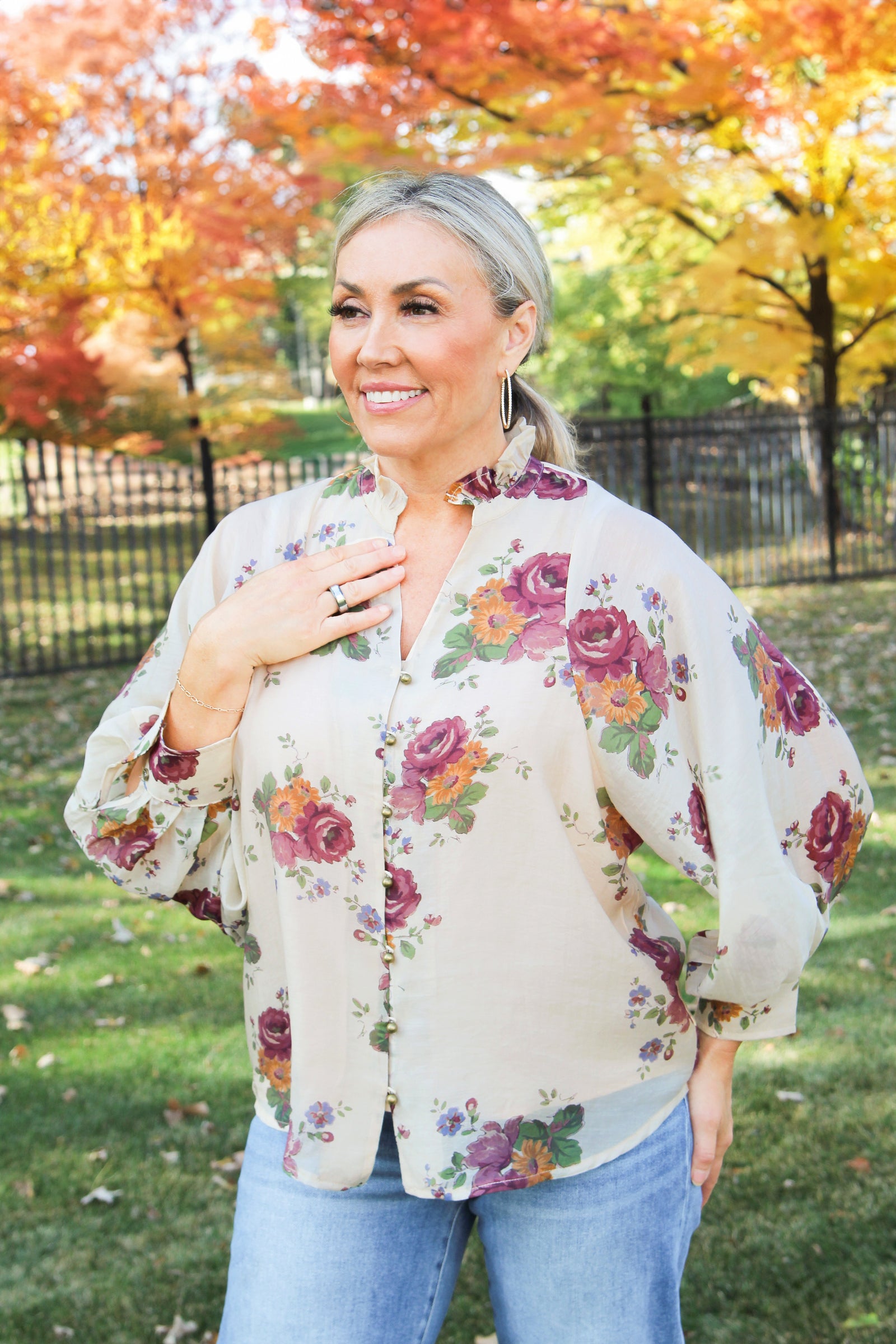 Semi Sheer Floral Print Button Down Top w/ Loose Sleeves
