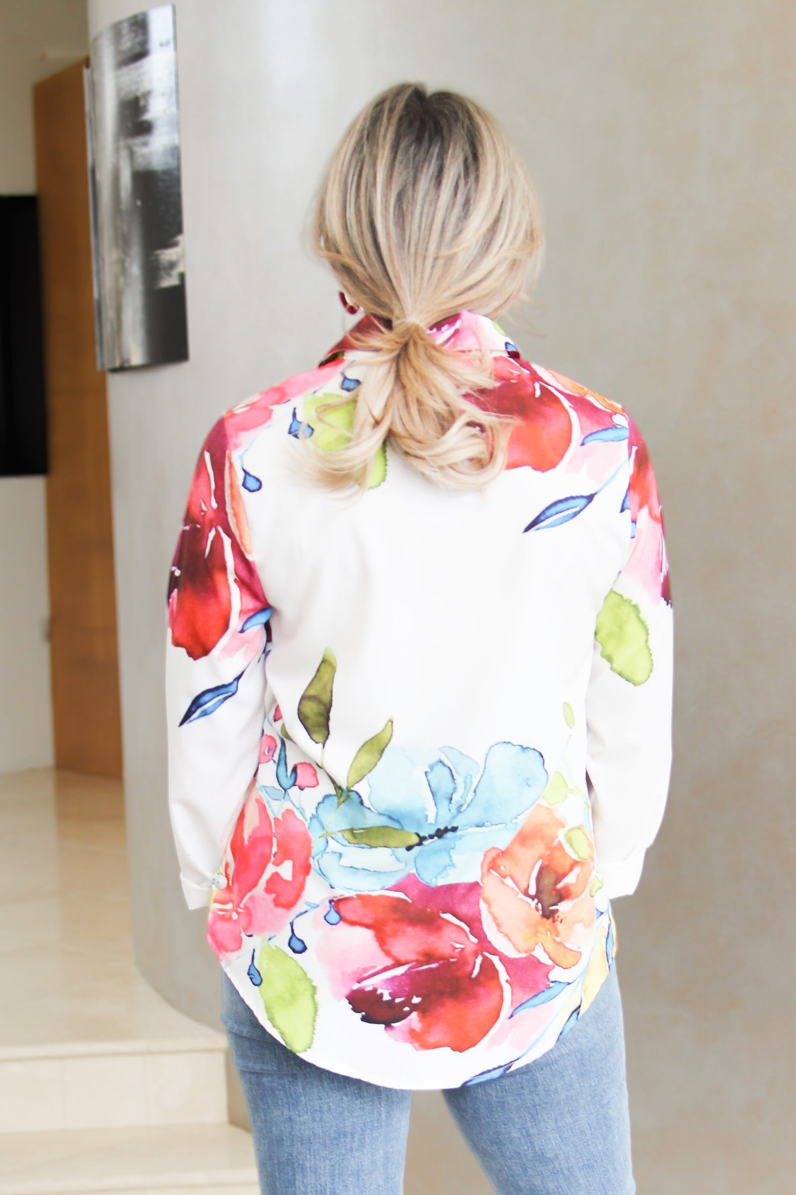 Long Sleeve Button Down Abstract Tropical Print Shirt