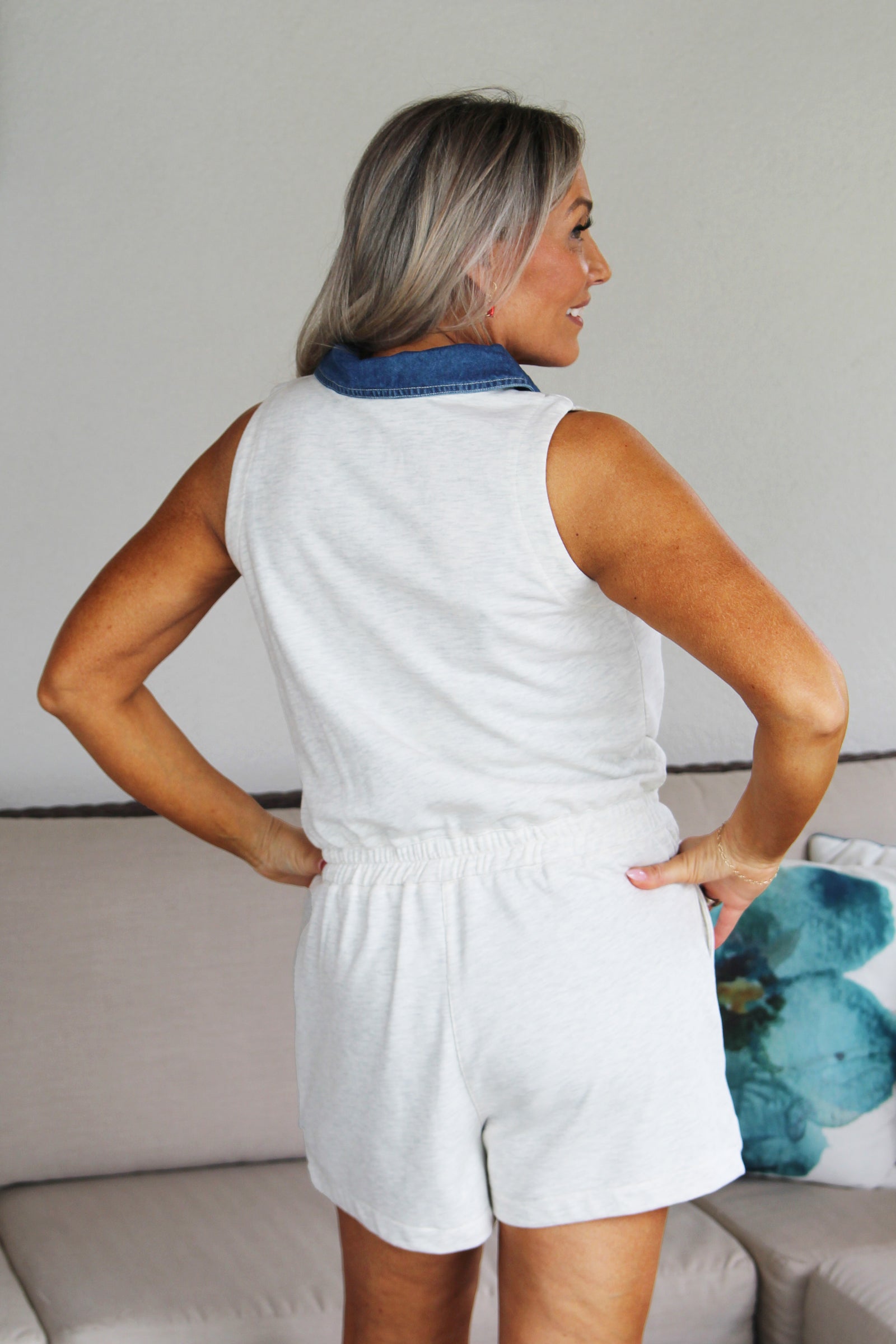 Sleeveless French Terry Romper w/ Denim Collar & Trim