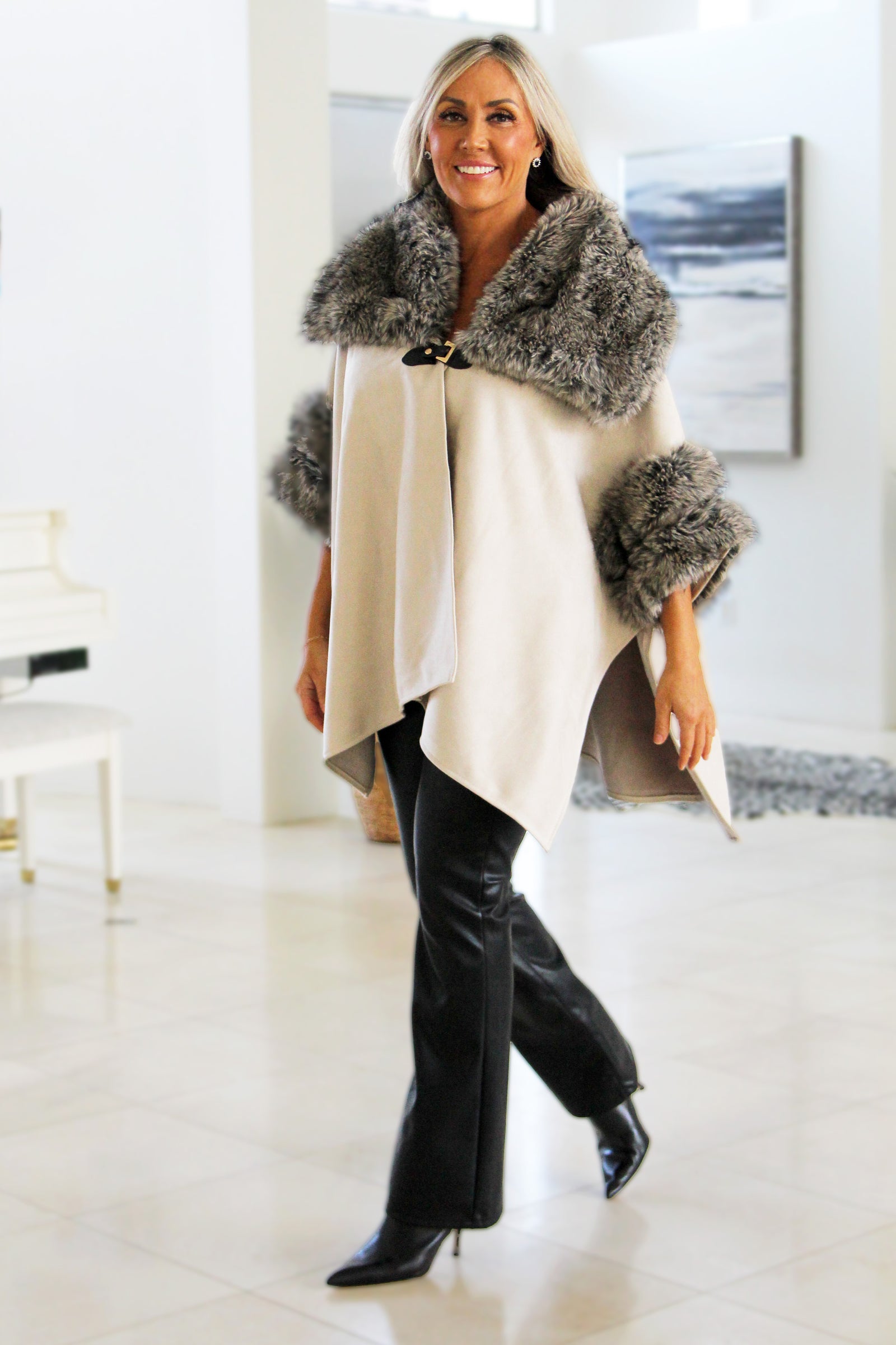 Faux Suede Cape w/ Faux Fur Trim & Toggle Closure