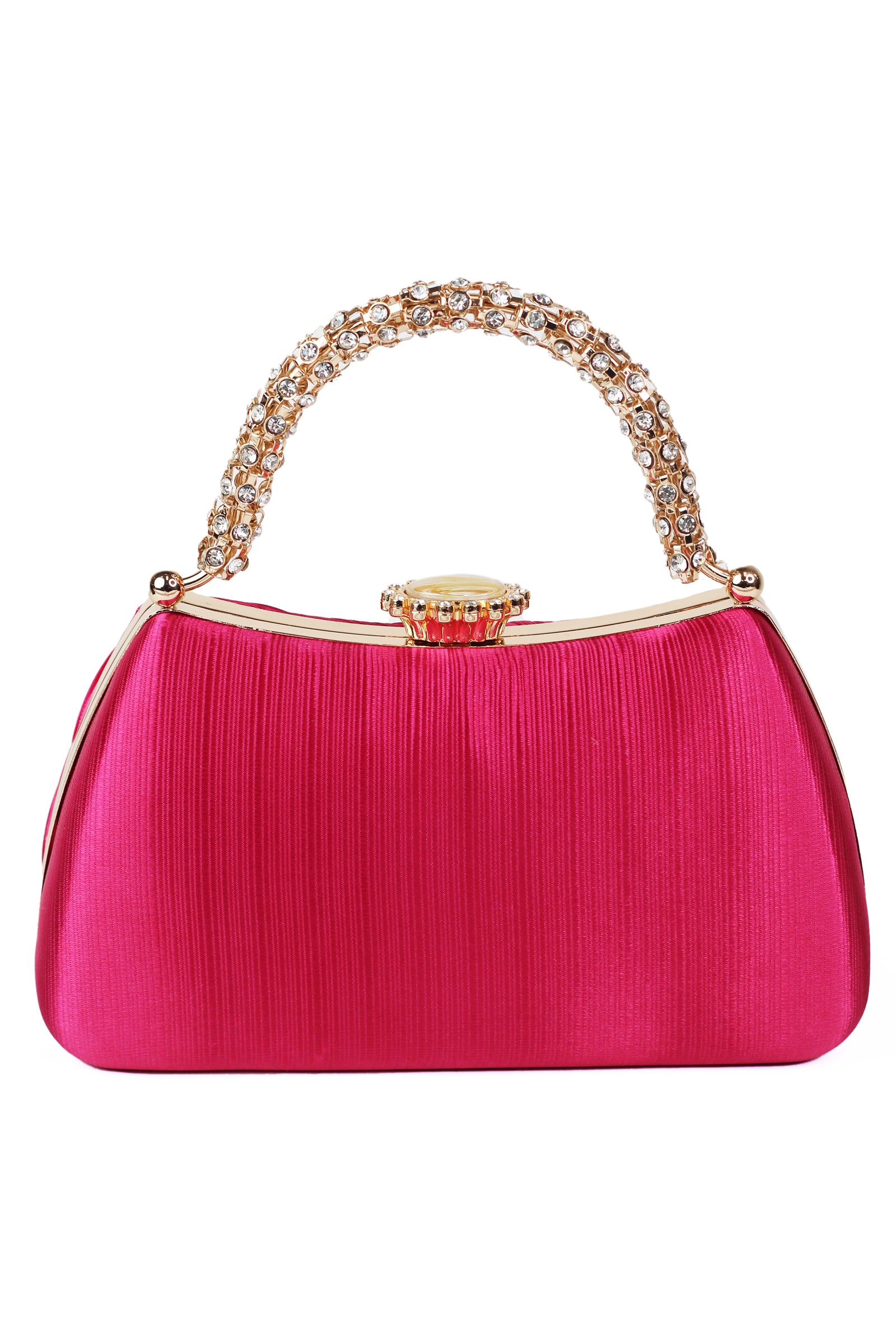 Pleated Satin Clutch w/ Rhinestone Handle & Closure