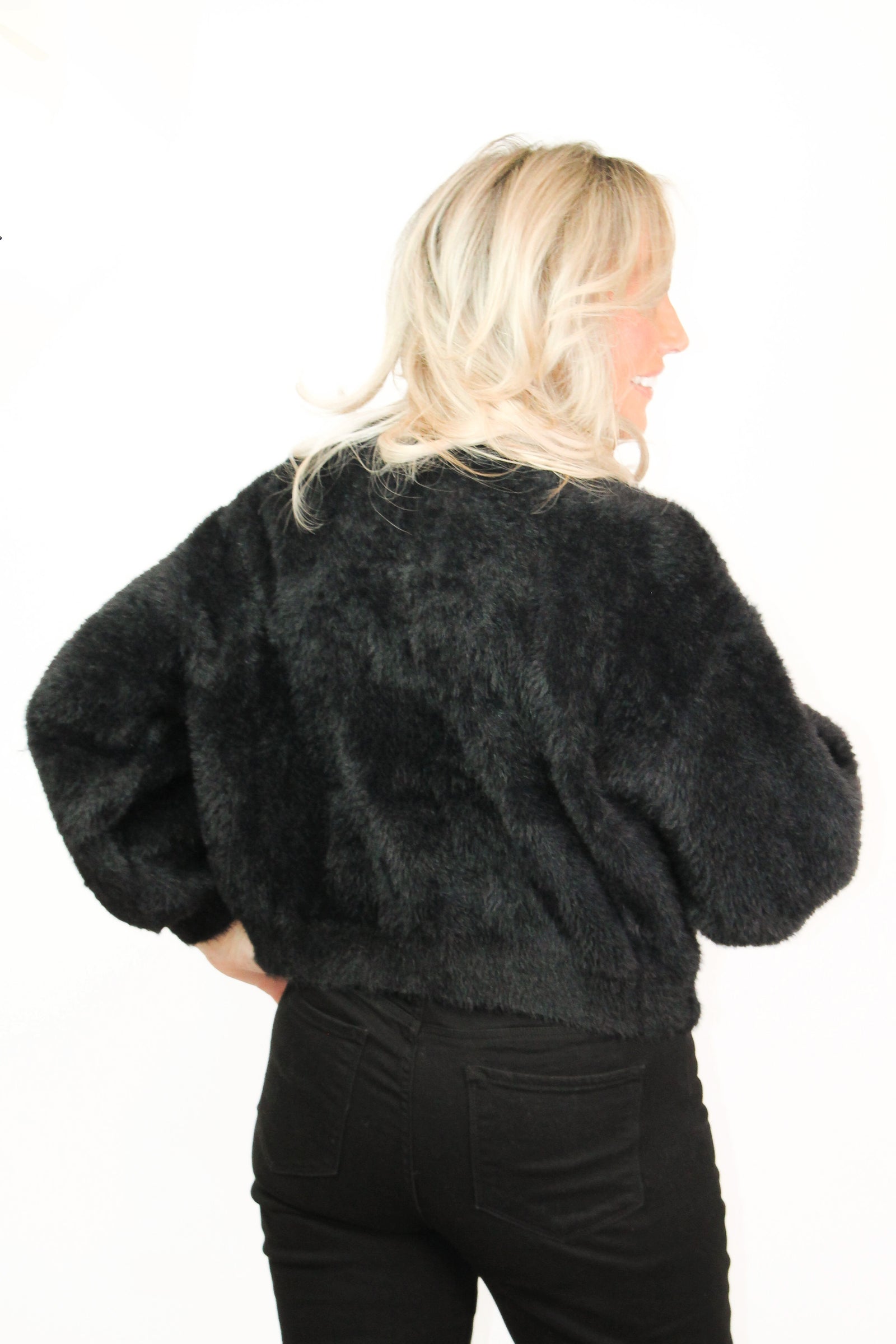 Furry Sweater Knit Cardigan w/ Rhinestone Heart Accents