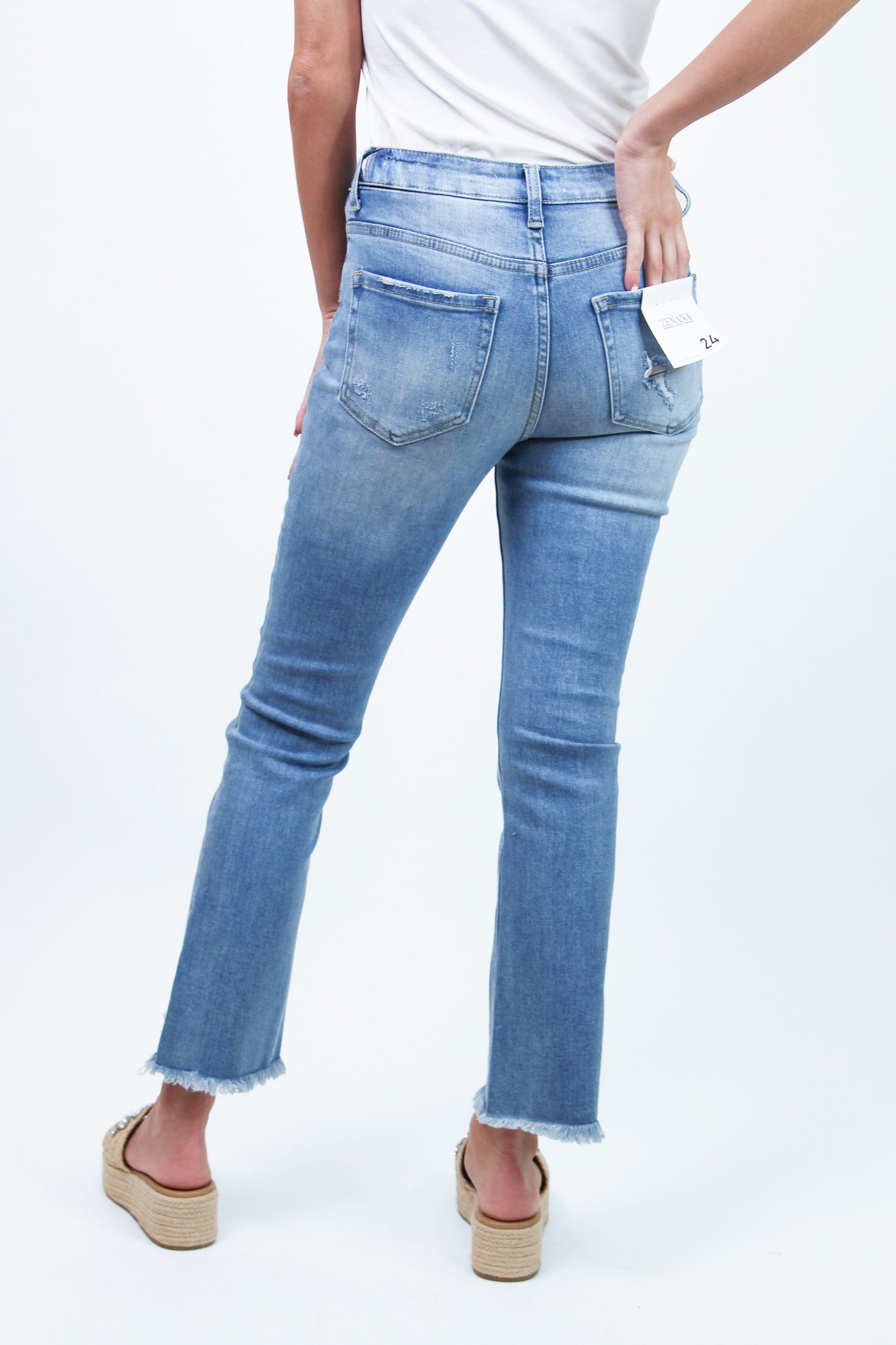 High Rise Distressed Straight Raw Hem Cropped Jeans