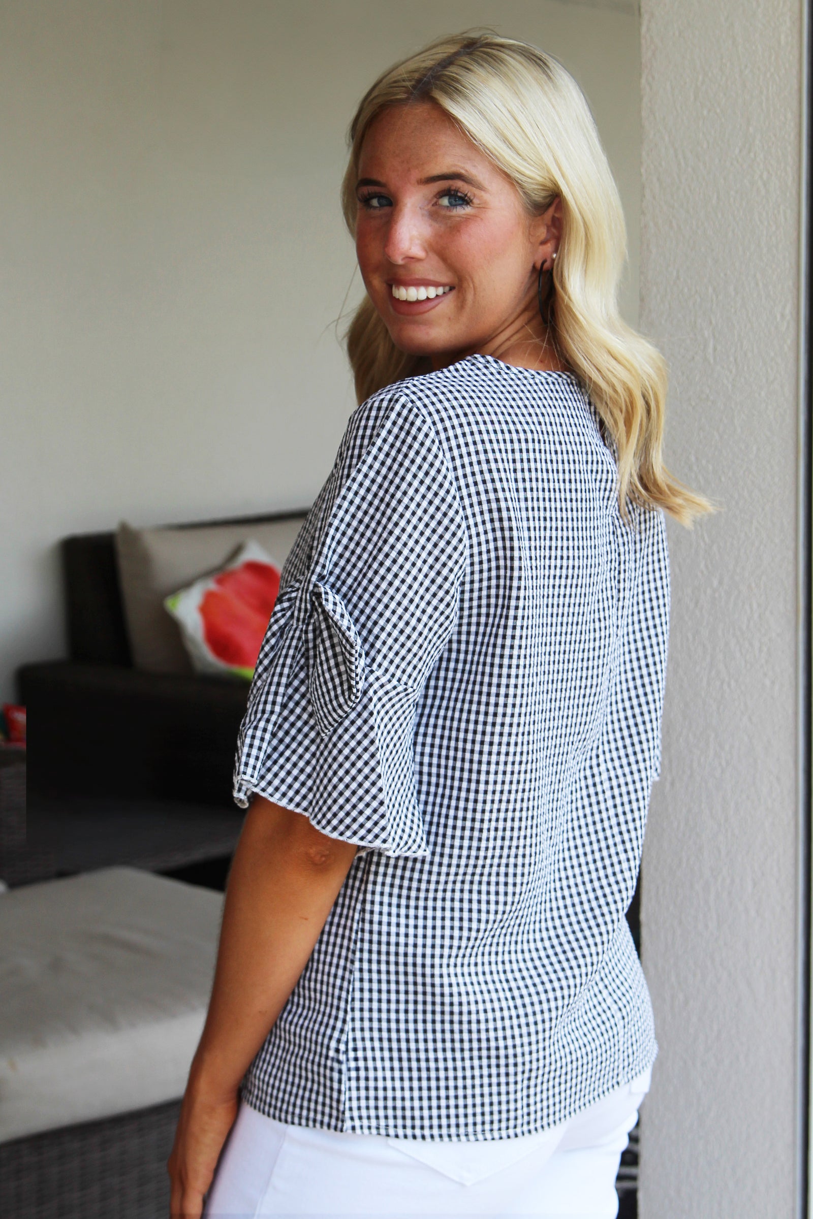 Black & White Gingham Short Sleeve Top With Bow Sleeves
