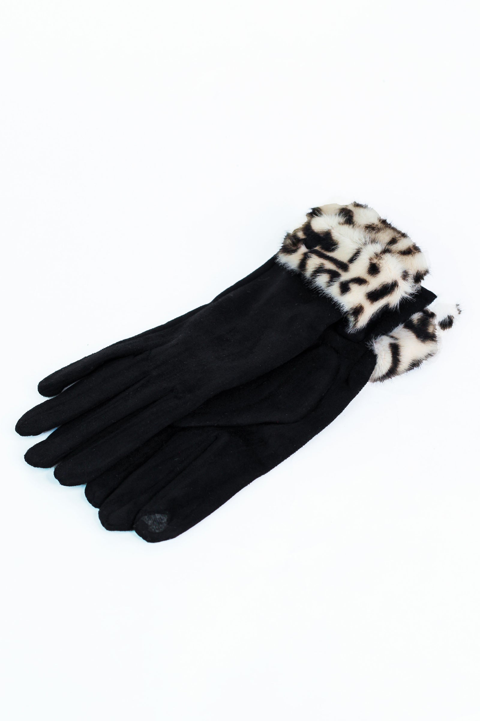 Leopard Faux Fur Trimmed Gloves w/ Smart Touch Finger